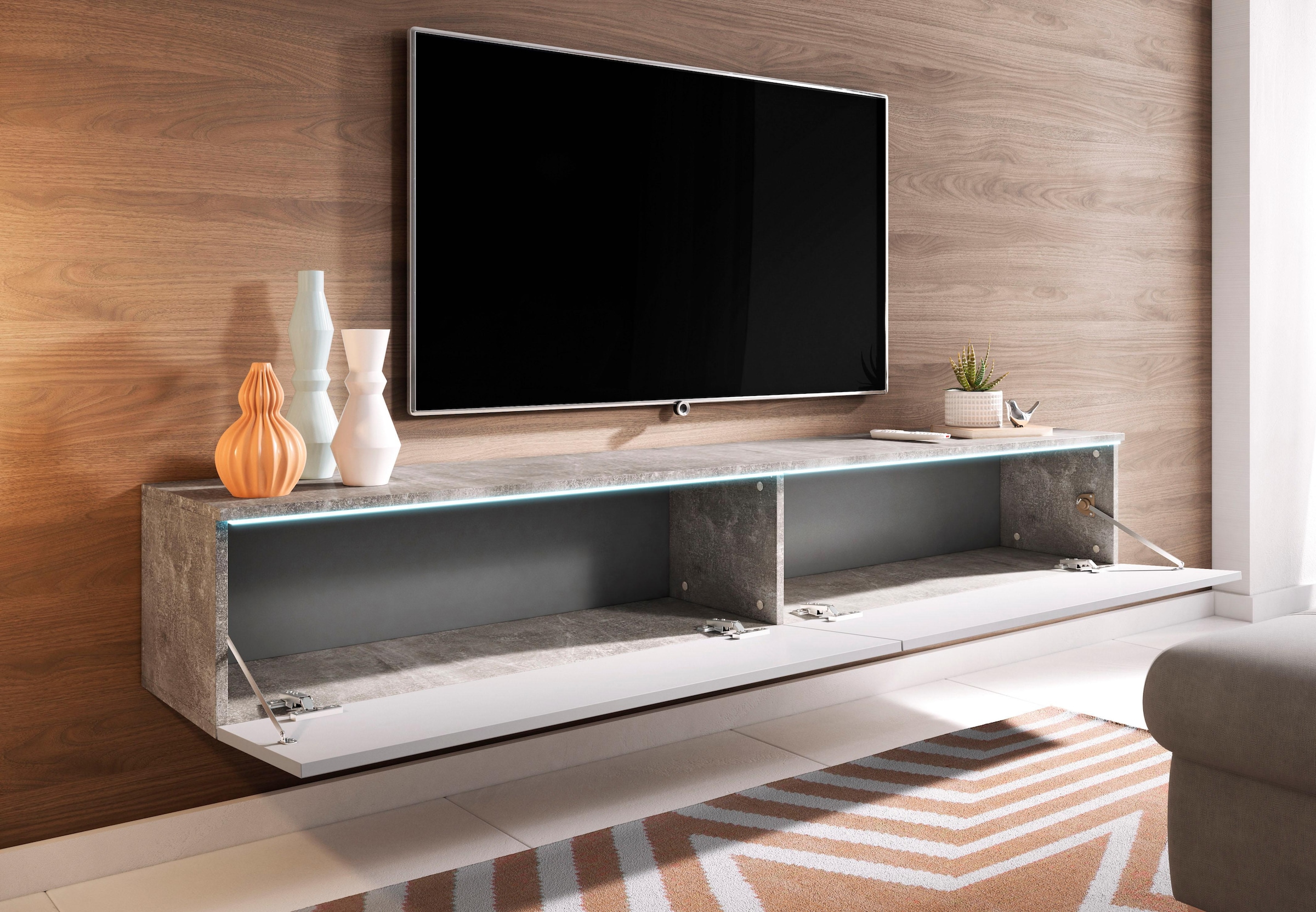 INOSIGN Lowboard »LOWBOARD VERA, wahlweise mit oder ohne Beleuchtung«, Modernes griffloses TV-Board, 180 cm TV-Schrank, stehend und hängend