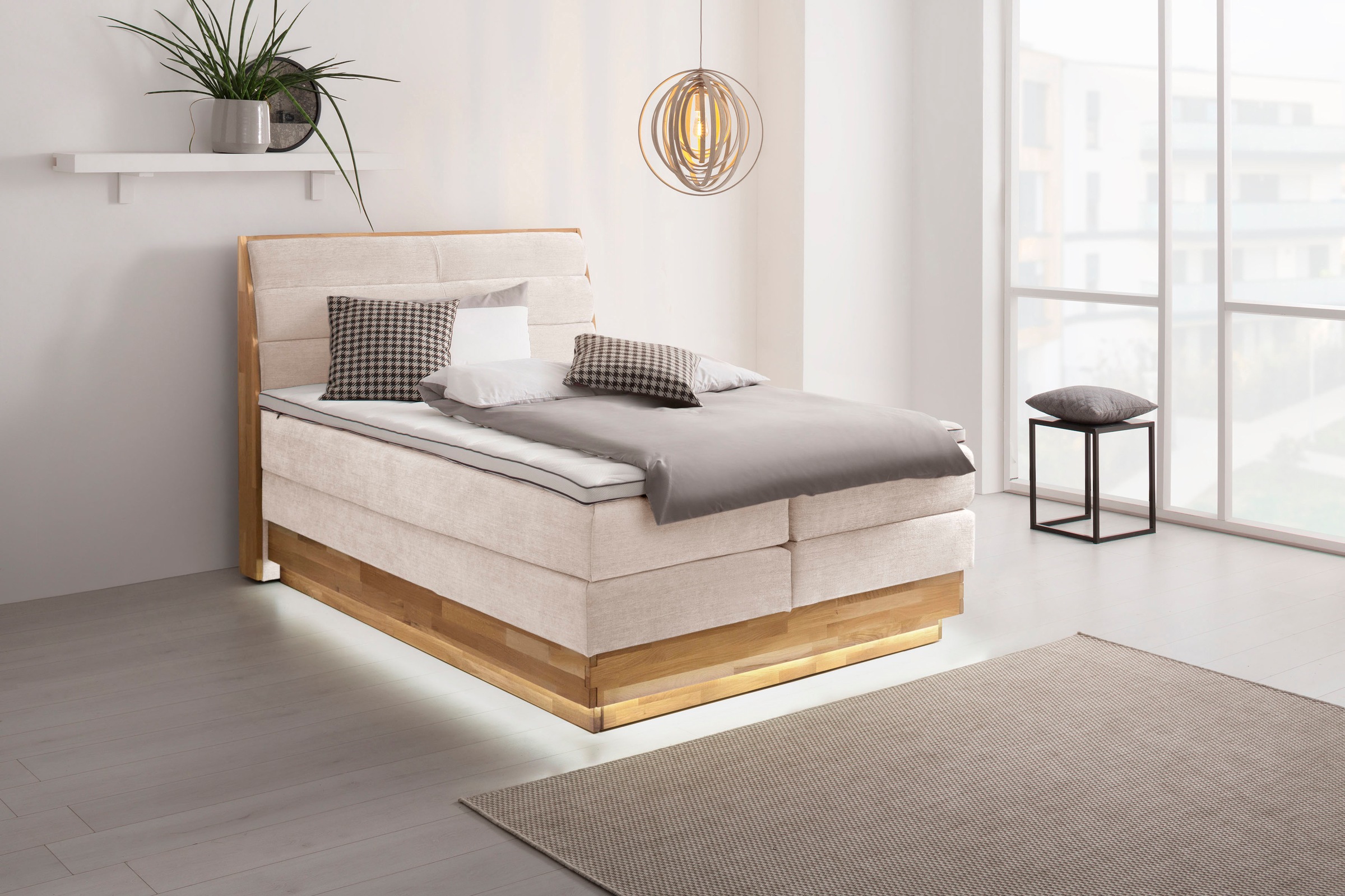 OTTO products Boxspringbett, LED-Beleuchtung, mit zertifizierten, recycelten Bezugsstoffen