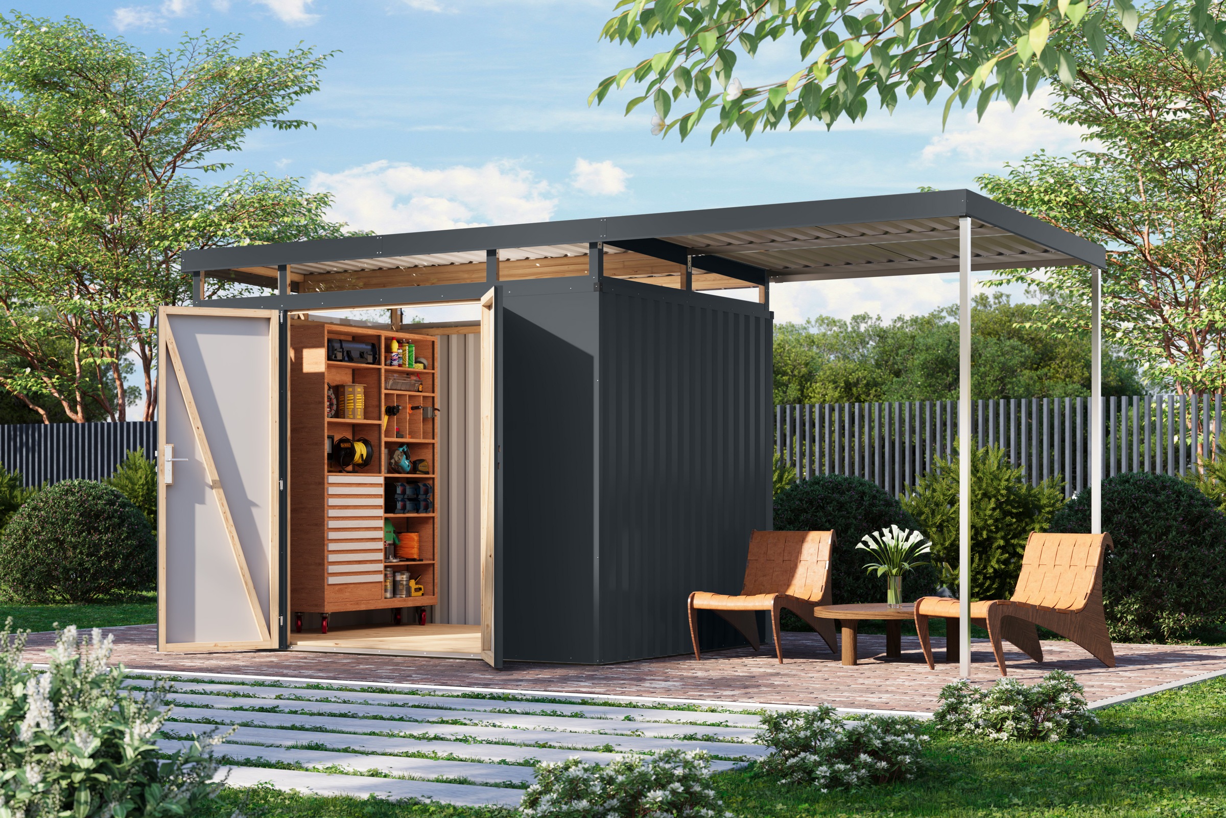 Karibu Gerätehaus "Titanium 3 SET mit Anbaudach" Made in Germany