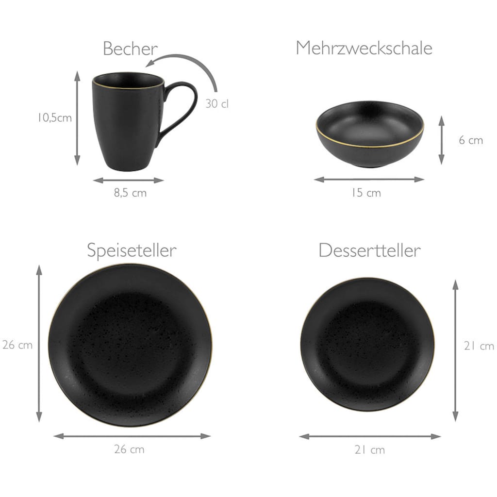 CreaTable Kombiservice »Geschirr-Set Industrial«, (Set, 16 tlg., Kaffeeservice und Tafelservice im Set, für 4 Personen), Service, schwarze, Goldrand, 16 Teile, für 4 Personen