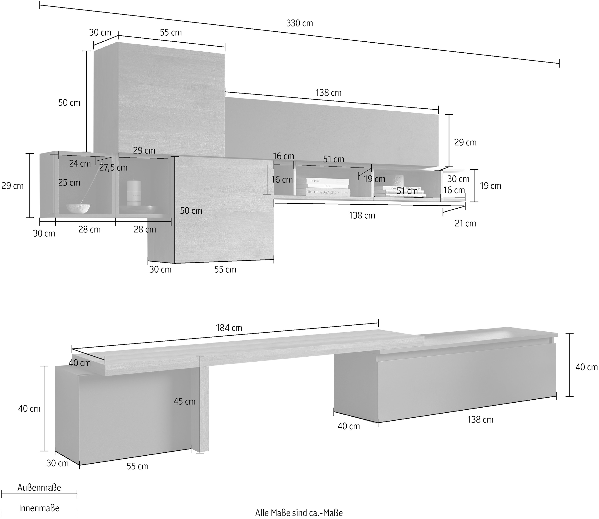 INOSIGN Wohnwand »INFINITY, 8tlg. Breite 330 cm, Höhe variabel (Lowboard, T-Boden,«, 2x Hängewürfel, Würfel-Elem., Wandregal, Hängeschr., Würfelregal Set)