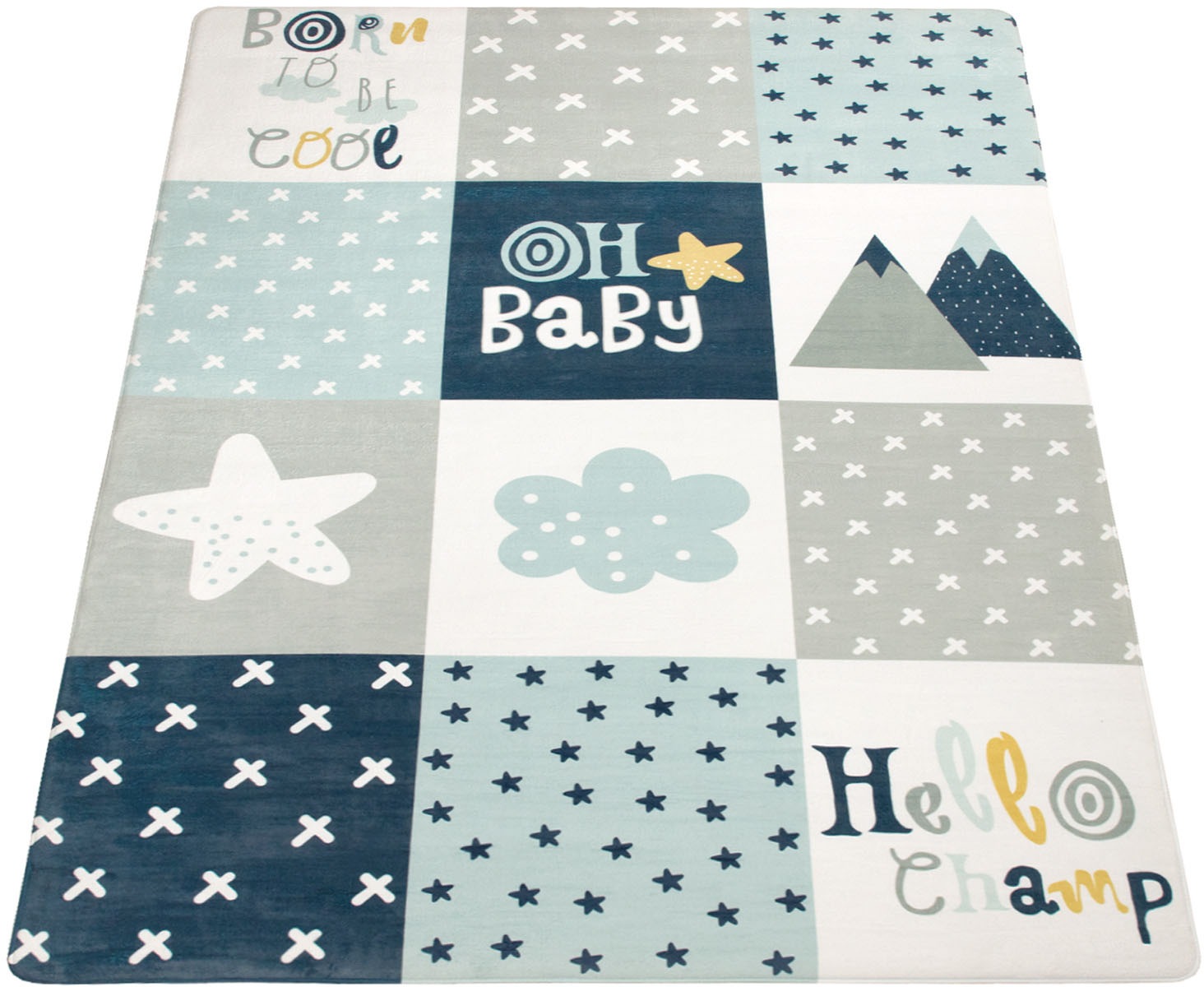 Kinderteppich PACO HOME "Chicos 554", blau, B:80cm H:2mm L:150cm, Polyester, Teppiche, Kinderteppich, Flachgewebe, mit Schriftzug & Regenbogen oder Sternen, Pastell-Farben