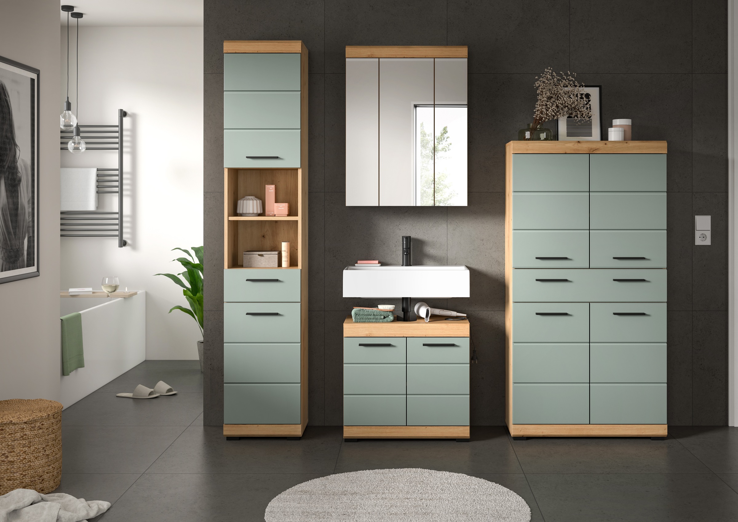 INOSIGN Badmöbel-Set »Siena, 4 teilig, bestehend aus:«, (Set), Hochschrank, Waschbeckenunterschrank, Spiegelschrank, Midischrank