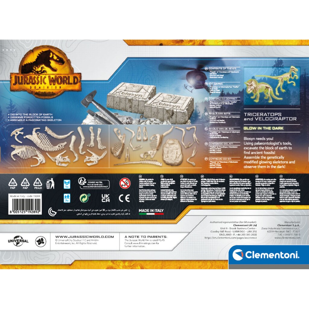 Clementoni® Experimentierkasten »Jurassic World 3, Ausgrabungs-Set Triceratops & Velociraptor«