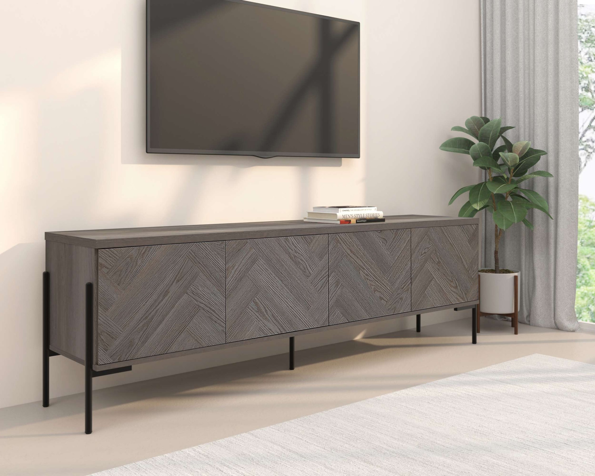 Leonique Lowboard »Eadwine« TV-Kommode, Push-to-open, Türen mit Fischgräten Muster, Breite 175 cm