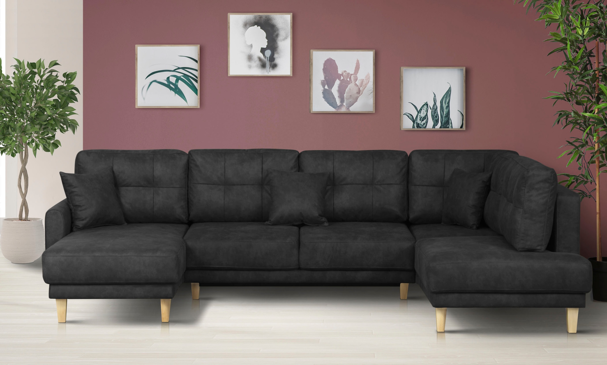 Home affaire Wohnlandschaft »TRIPLO U-Form wahlweise mit Schlaffunktion, B/T/H: 310/192/90 cm«, Schlafsofa, auch mit Bettkasten, Steppung im Rückenkissen