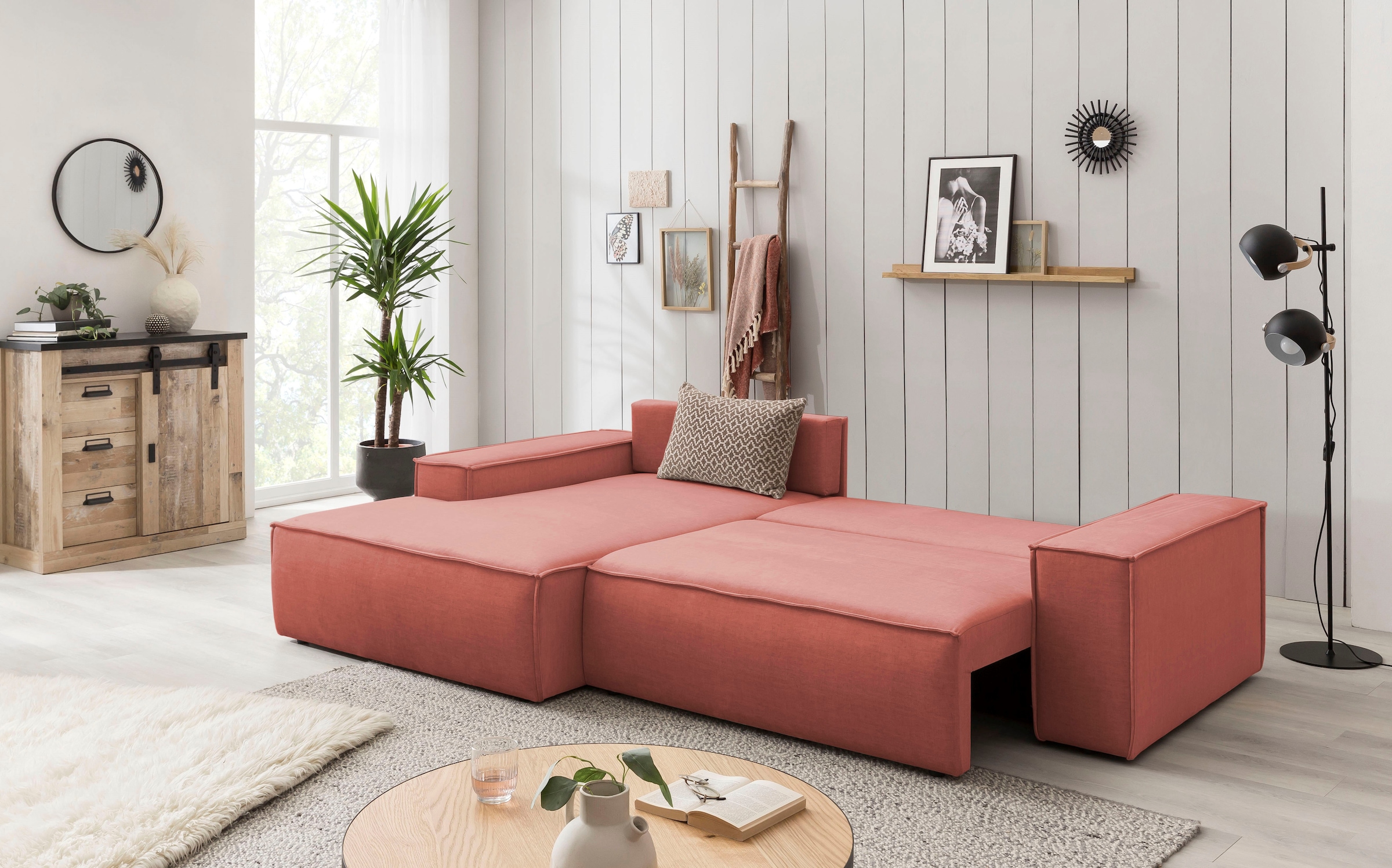 Home affaire Ecksofa SHERWOOD Schlafsofa 267 cm, L-Form, Schlaffunktion mit Bettkasten (210x136 cm), Cord, Vintage, Samtvelours