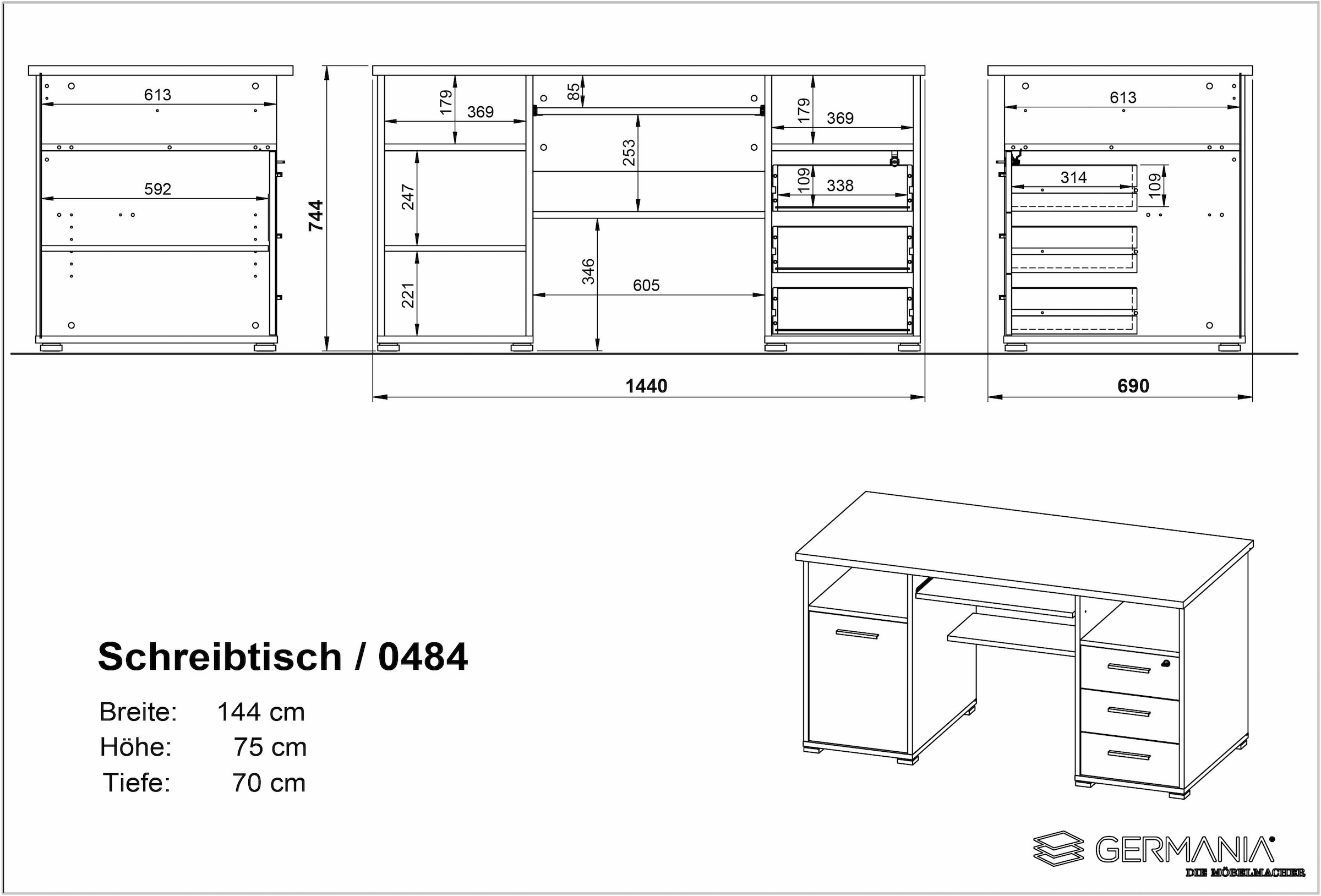 GERMANIA Computertisch »0484«, (Made in Germany), Schreibtisch mit Tastaturauszug & abschließbarem Schubkasten, B.145 cm