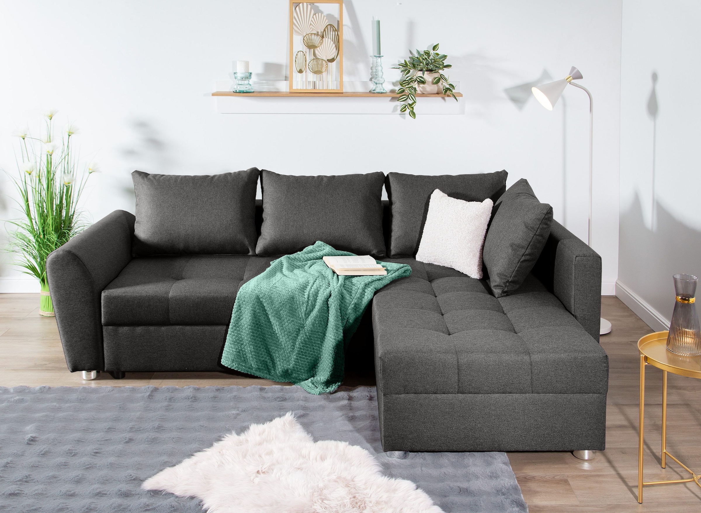COLLECTION AB "Jana L-Form, B: 220 cm" Schlaffunktion, Bettkasten & 1 Zierkissen, Federkern