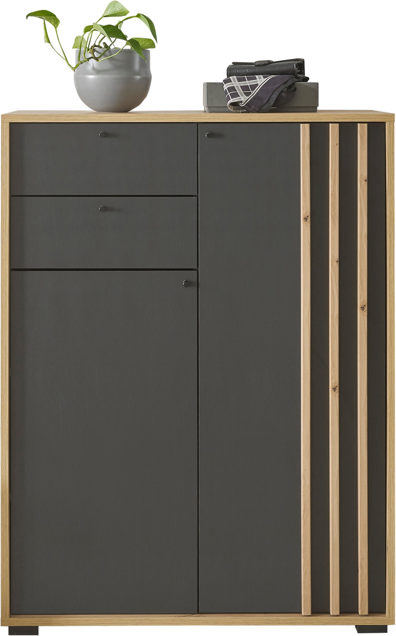 HBZ Garderoben-Set »5-tlg. Eiche MDF Stripes Flurgarderobe Stellmaß BxHxT 230x196x38 cm«, (5 St.), Mit Schuhkommode, Hochschrank, Bank, Paneel, Spiegel