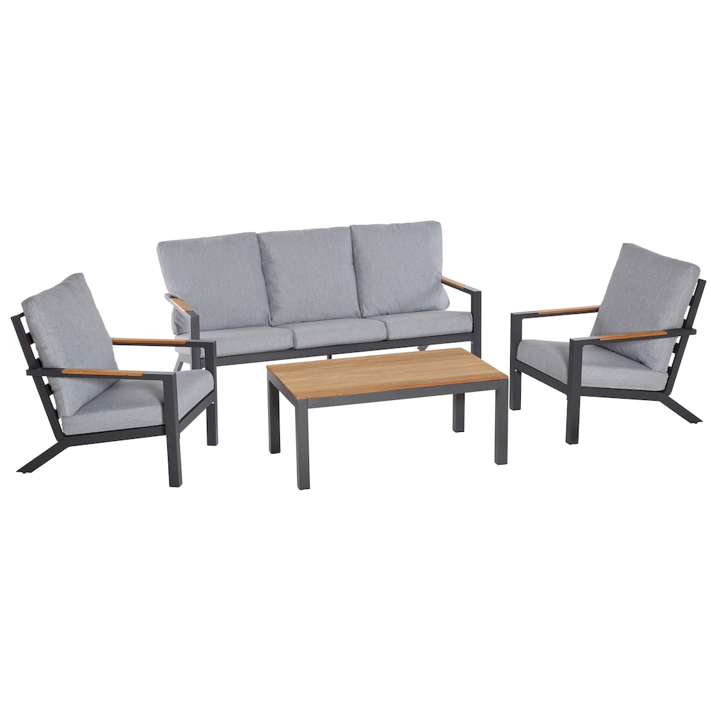 Timbers Gartenlounge-Set »Kentucky«, (Set, 4 tlg., 2x Sessel, 1x 3er Bank, 1x Tisch 106x60x45cm, inkl. Auflagen)