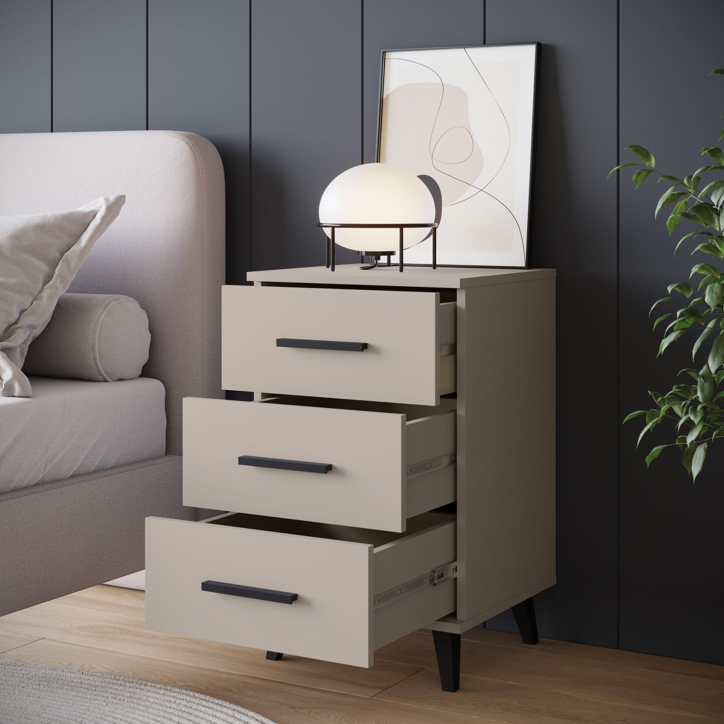 INOSIGN Nachtkommode »Lagos, 2 Nachtschränke, 3 Schubladen, schwarze Griffe & Füße«, (Set, 2 St.), modernes Design, B/T/H je 40/35/65 cm, pflegeleichte Oberfläche