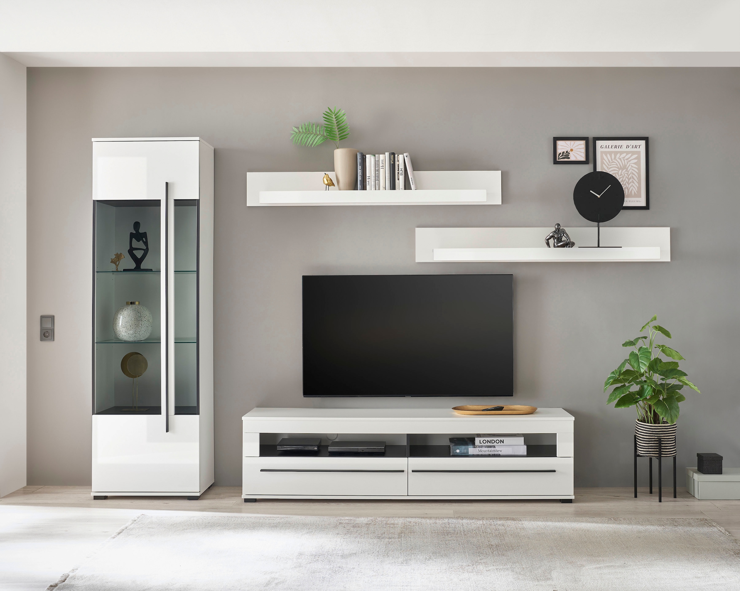 INOSIGN Wohnwand »Cantara, moderne Anbauwand, Wohnzimmer-Set, in Eiche Evoke oder Weiß«, (Set), enthält eine Vitrine, ein Lowboard und zwei Wandboards
