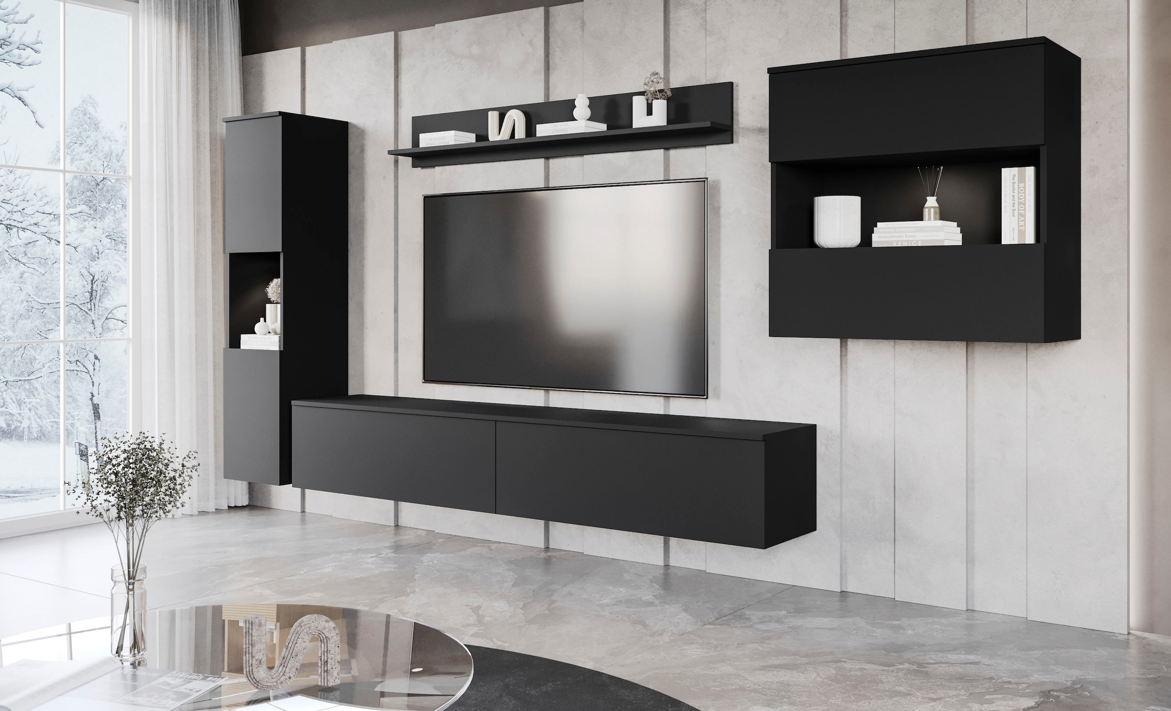 INOSIGN Wohnwand "PARIS", (Komplett-Set, 4 St.), TV-Wand 300cm breite, grifflose Design, stehend und hängend montierbar