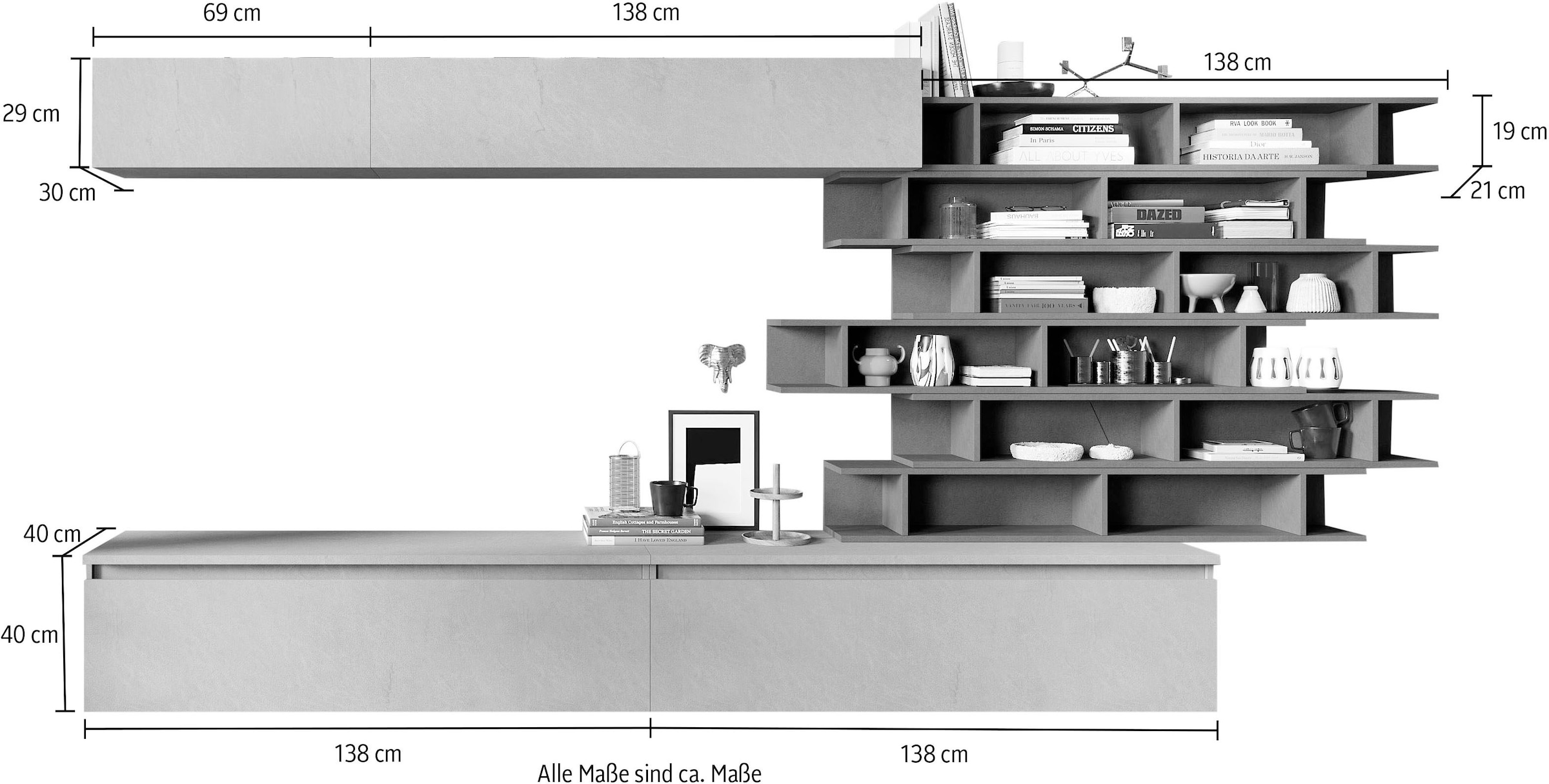INOSIGN Wohnwand »INFINITY, 10tlg. Breite 345 cm, Höhe variabel, Schrankwand, Anbauwand«, (10 St.), (2x Lowboard, 2x Hängeschrank, 6x Wandregal)