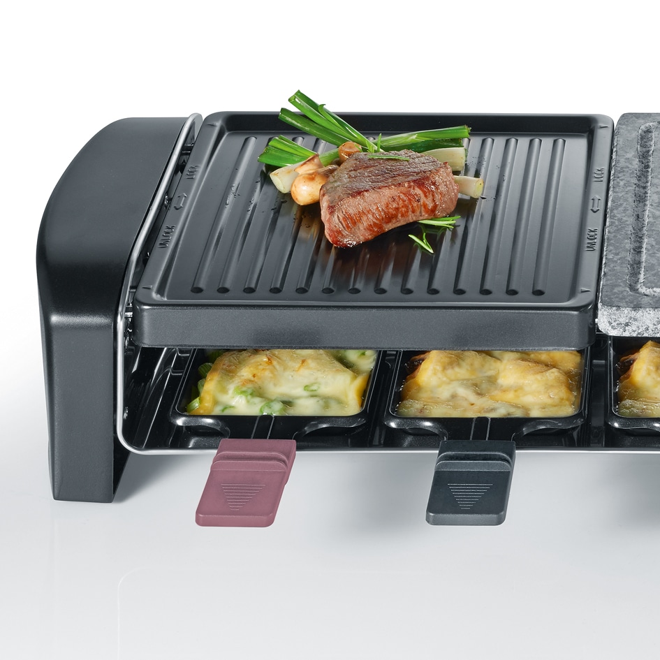 Severin Raclette »RG 9645« 8 Stk. Raclettepfännchen 1.400 W Naturgrillstein & antihaftbeschichtete Grillplatte, 8 Personen, 1400W