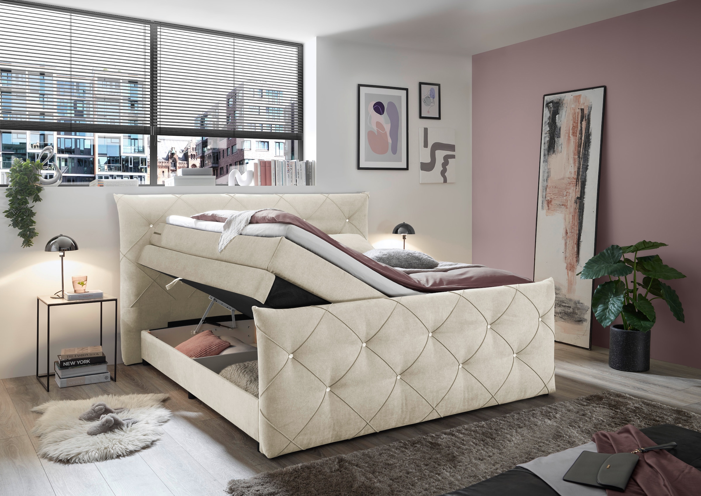 ED EXCITING DESIGN Boxspringbett »Villano«, mit Strasssteinen, Breite: 180cm, mit Bettkasten, inkl. Topper