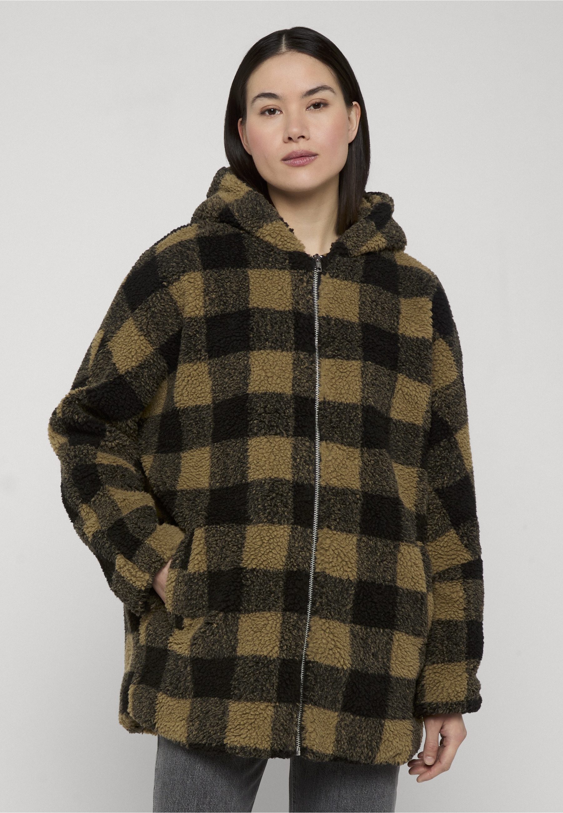 URBAN CLASSICS Winterjacke »Urban Classics Damen Ladies Hooded Oversized Check Sherpa Jacket« 1 Stk. tlg. mit Kapuze