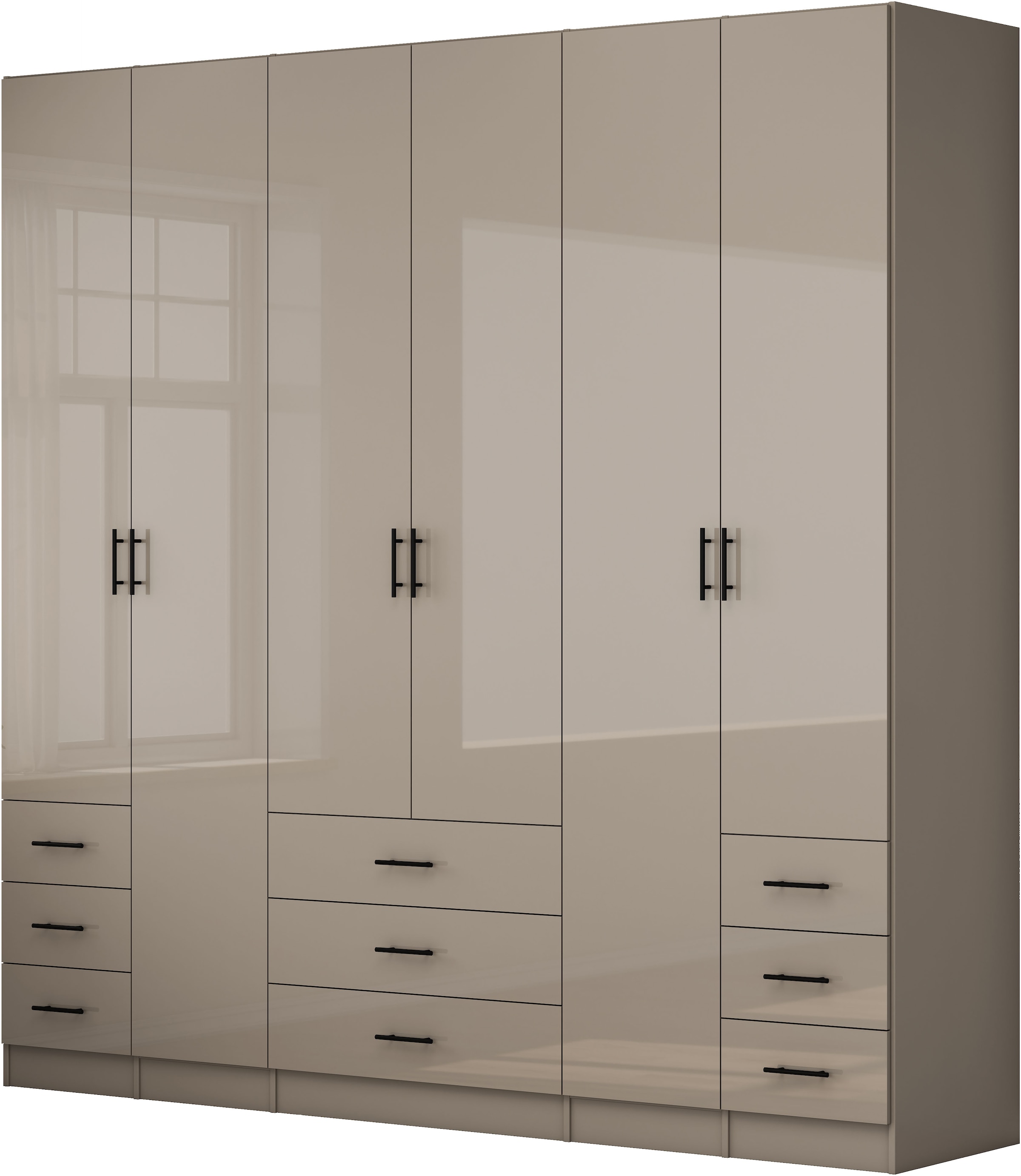 OTTO home Kleiderschrank "Trento Schlafzimmerschrank Garderobe hochglanz" in 2 unterschiedlichen Schrankhöhen wählbar, Schrank mit 6 Türen und 9 Schubladen, Hochglanz-Fronten, 2,39m Höhe