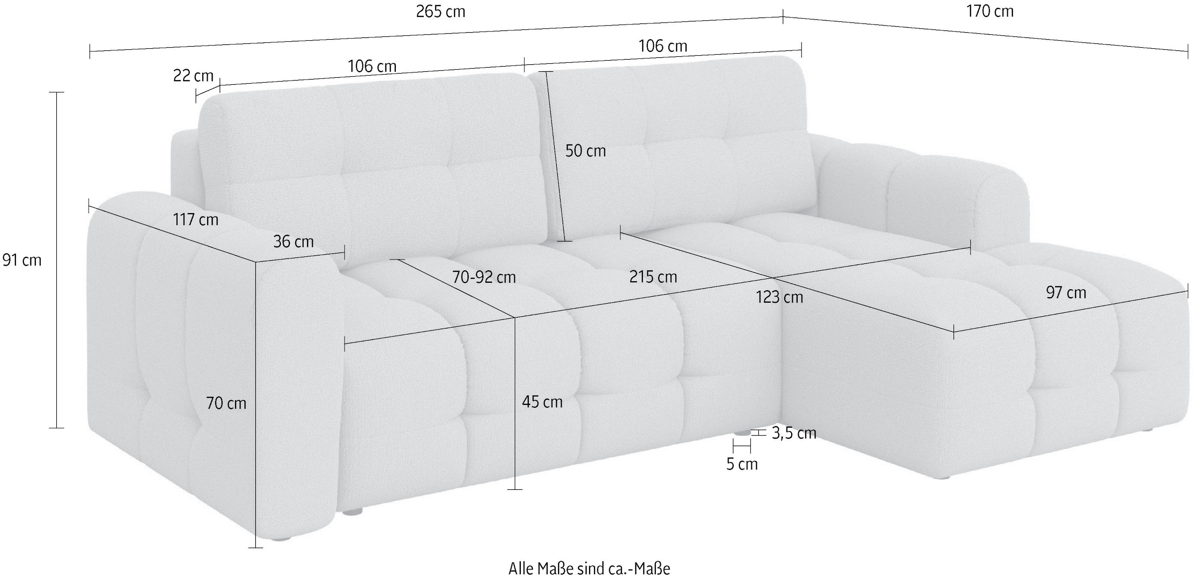 INOSIGN Ecksofa »Manilla, wahlweise mit Bettfunktion, B/T/H 265/170/91 cm«, L-Form mit Recamiere rechts/links bestellbar, Wellenunterfederung