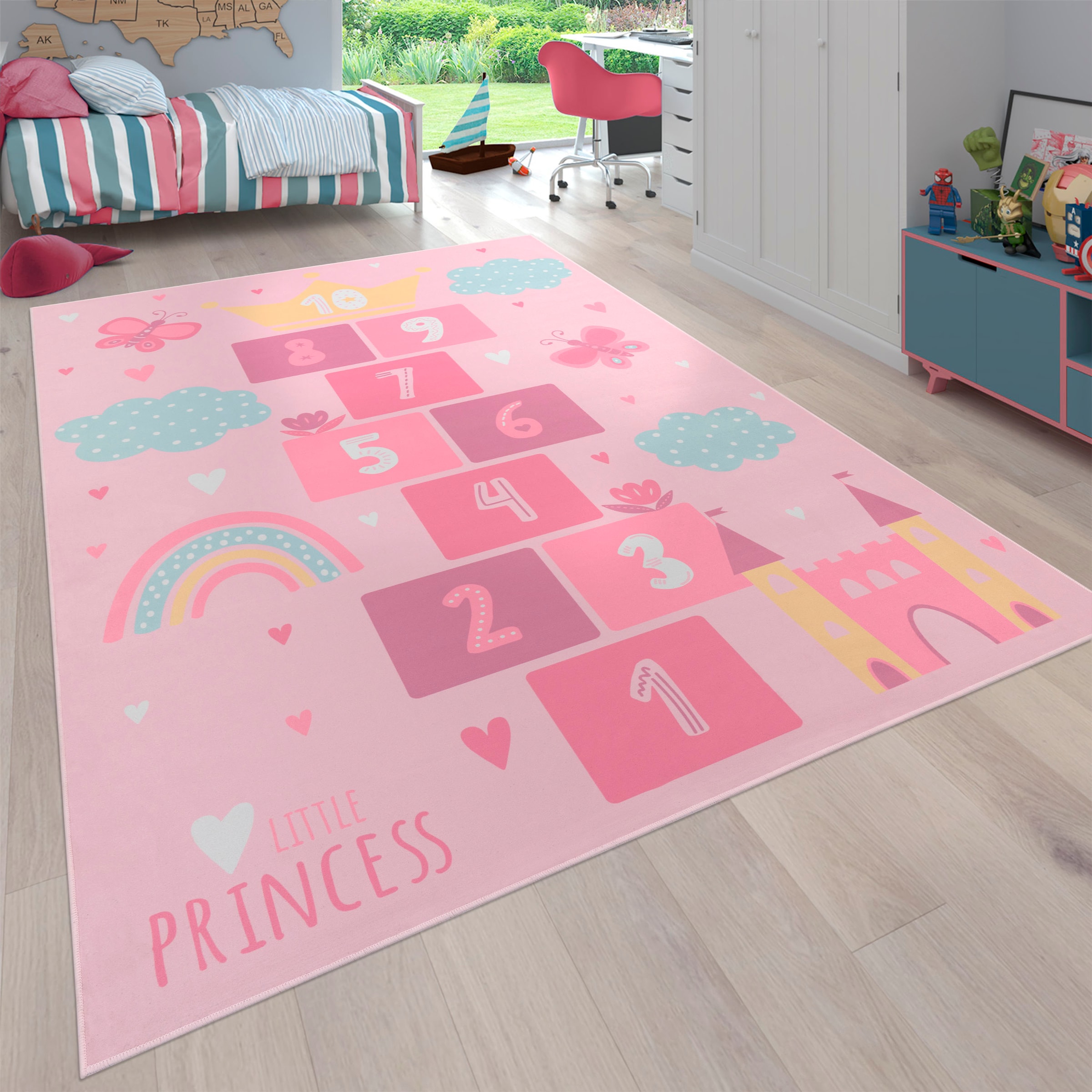 Paco Home Kinderteppich »Bino 585«, rechteckig, 4 mm Höhe, Spielteppich, Kurzflor, Motiv Regenbogen & Hüpfkästchen