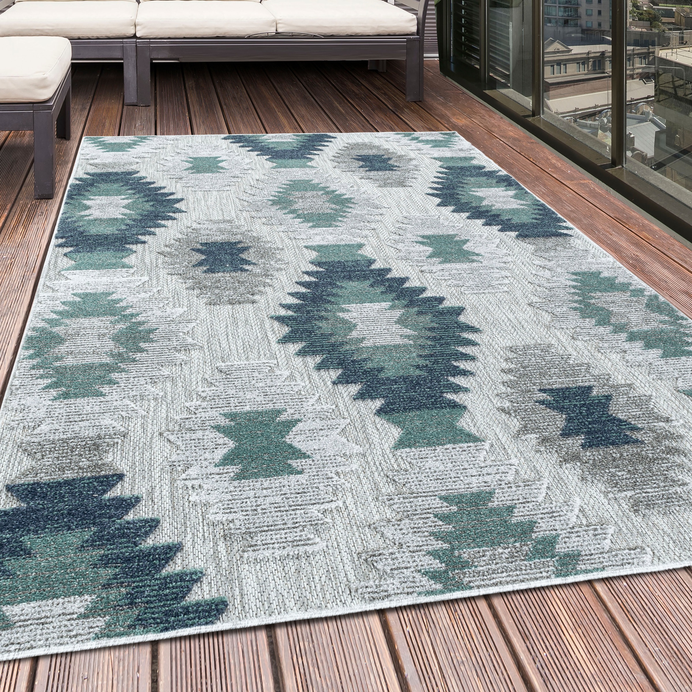 Teppich AYYILDIZ TEPPICHE "BAHAMA 5153", blau, B:200cm H:8mm L:290cm, Polypropylen, Teppiche, Teppich, Läufer, Flachflor mit Hoch-Tief-Struktur, In-und Outdoor geeignet