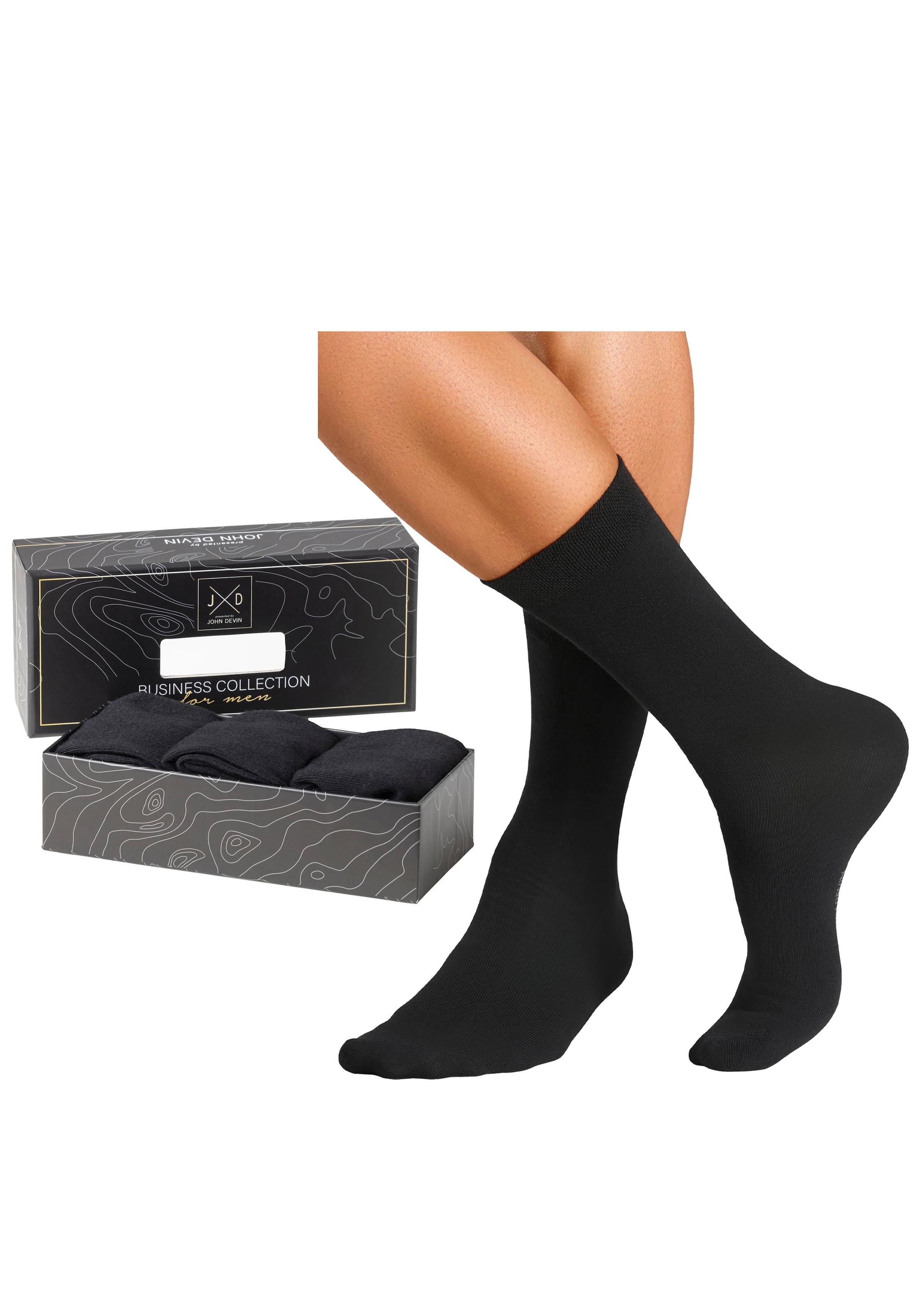 John Devin Businesssocken, (Packung, 3 Paar), mit längerer Schaftlänge, verpackt in einer Box