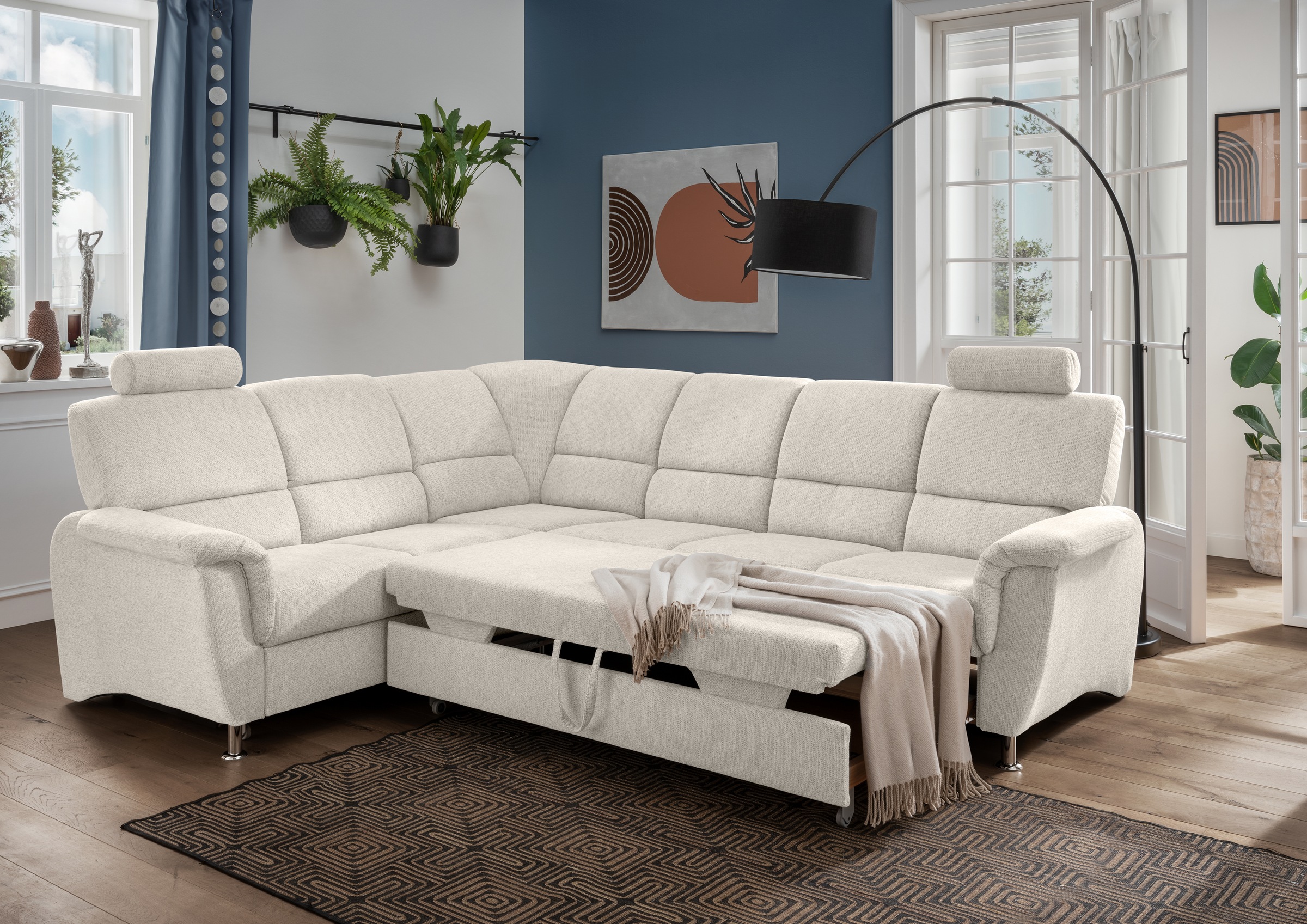 Home affaire Ecksofa »Pisa L-Form, mit Schlaffunktion, Stauraum, 2x höhenverstellbare«, Kopfstützen und Relaxfunktion im Eckelement
