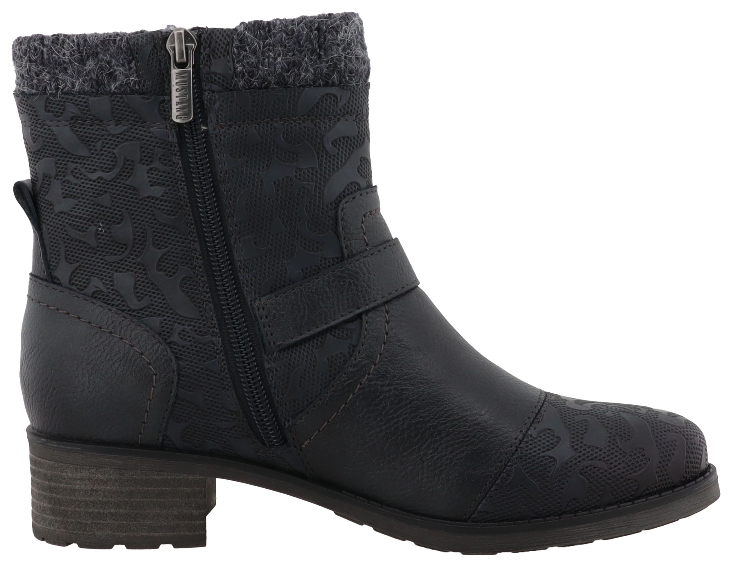 Mustang Shoes Winterstiefelette »Fabienne«, Biker Boots mit Blockabsatz und Zierriemchen