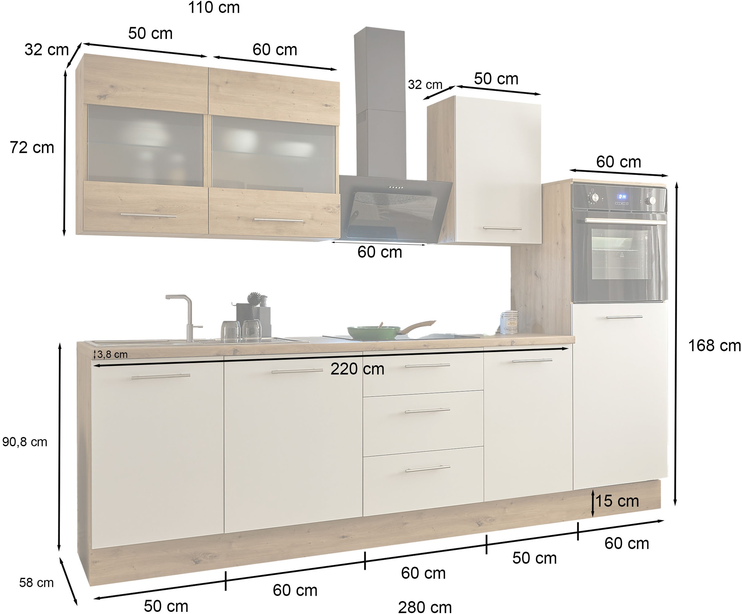BASIC by Balculina Küchenzeile »Capri«, Breite 280 cm, wahlweise mit E-Geräten, mit Soft-Close-Funktion