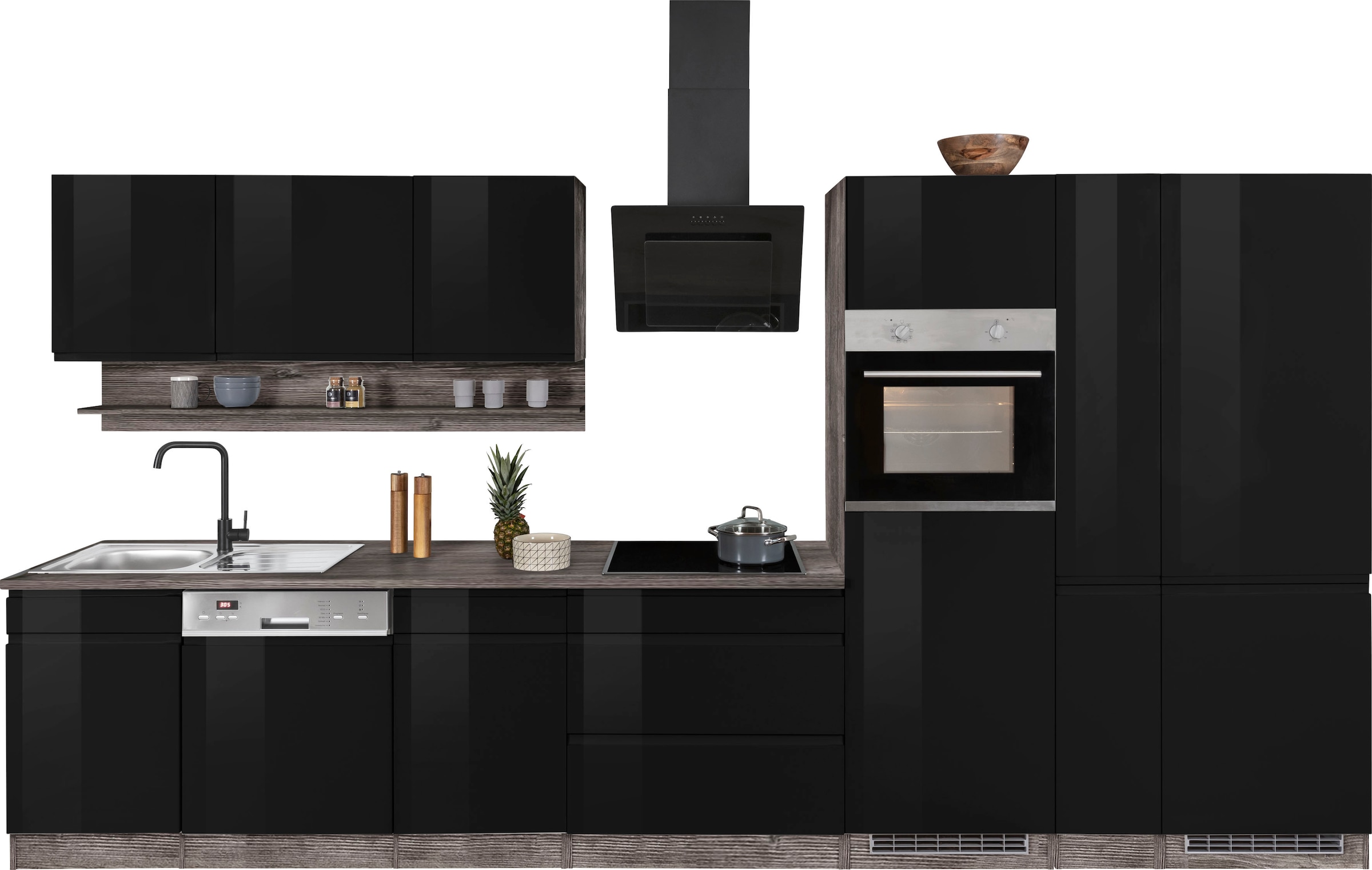 Küchenzeile KOCHSTATION, B:390cm T:60cm, schwarz, Komplettküchen-Sets, "KS-Virginia", Breite 390 cm, mit Glaskeramik-oder Induktionskochfeld