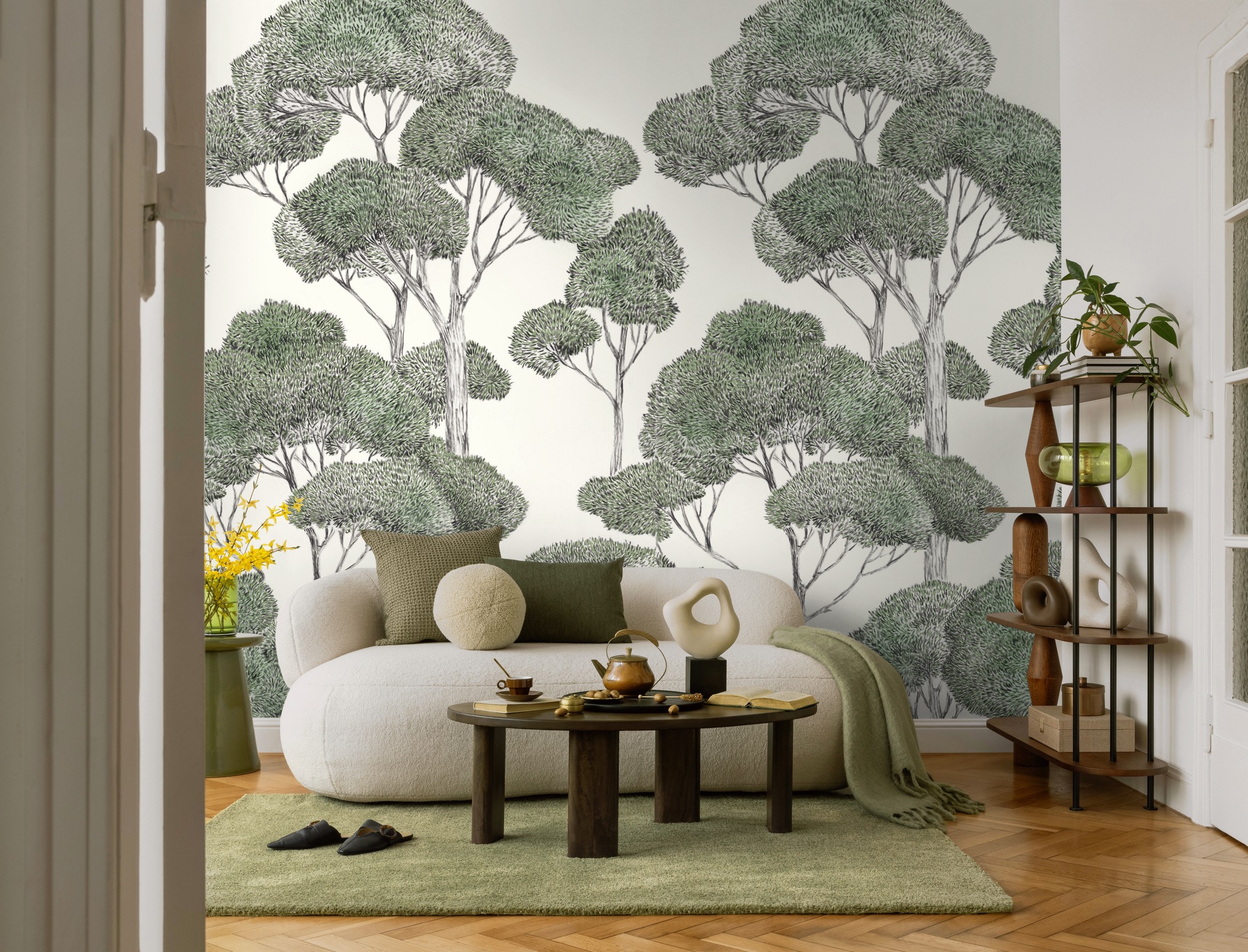 living walls Vliestapete »Vibes & Styles Silvanor – Forest Sketch Fototapete« Comic leicht strukturiert Stilisierte Baumlandschaft mit feinen Linien und ruhiger Tiefenwirkung