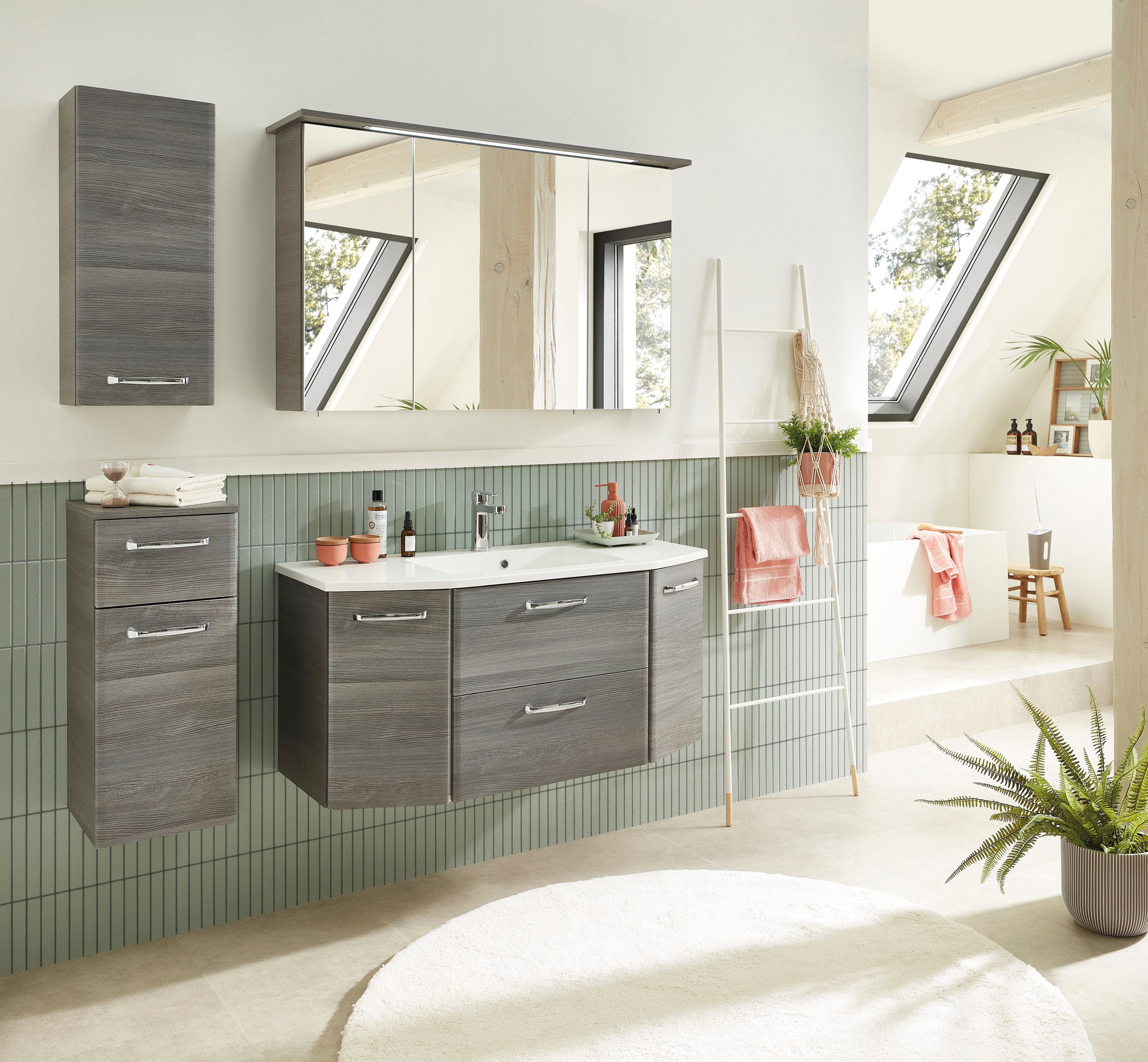 Saphir Badmöbel-Set »Quickset 4-teilig, Mineralmarmor-Waschtisch und LED-Spiegelschrank«, (5 St.), Unterschrank, Hängeschrank, inkl. Türdämpfer, 7 Türen, 1 Klappe