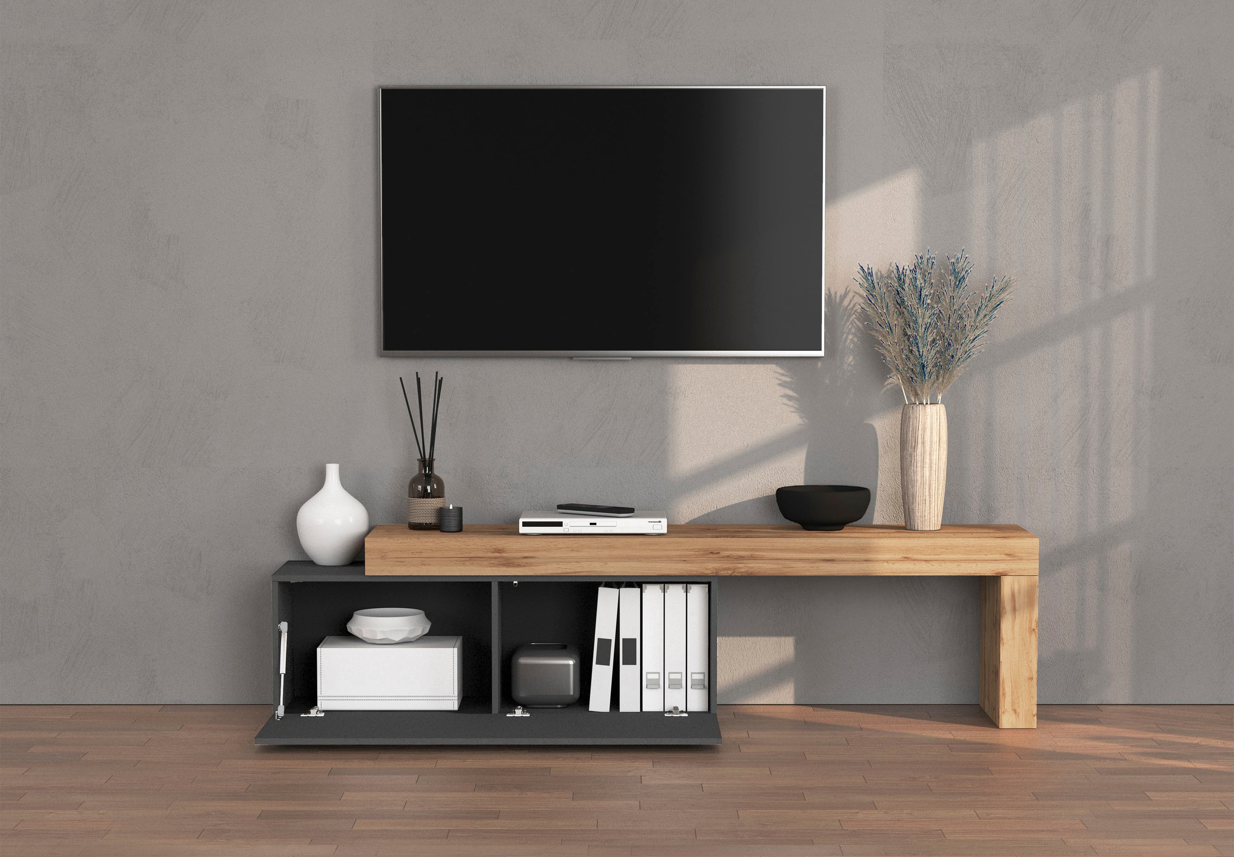 OTTO home Lowboard »Chronos TV-Board, T-Schrank« Breite verstellbar von 180 bis 290 cm, 1 Stk. tlg. Breite 240 cm TV-Board,Lowboard,1 Klappe und ein L-Förmiger Aufsatz