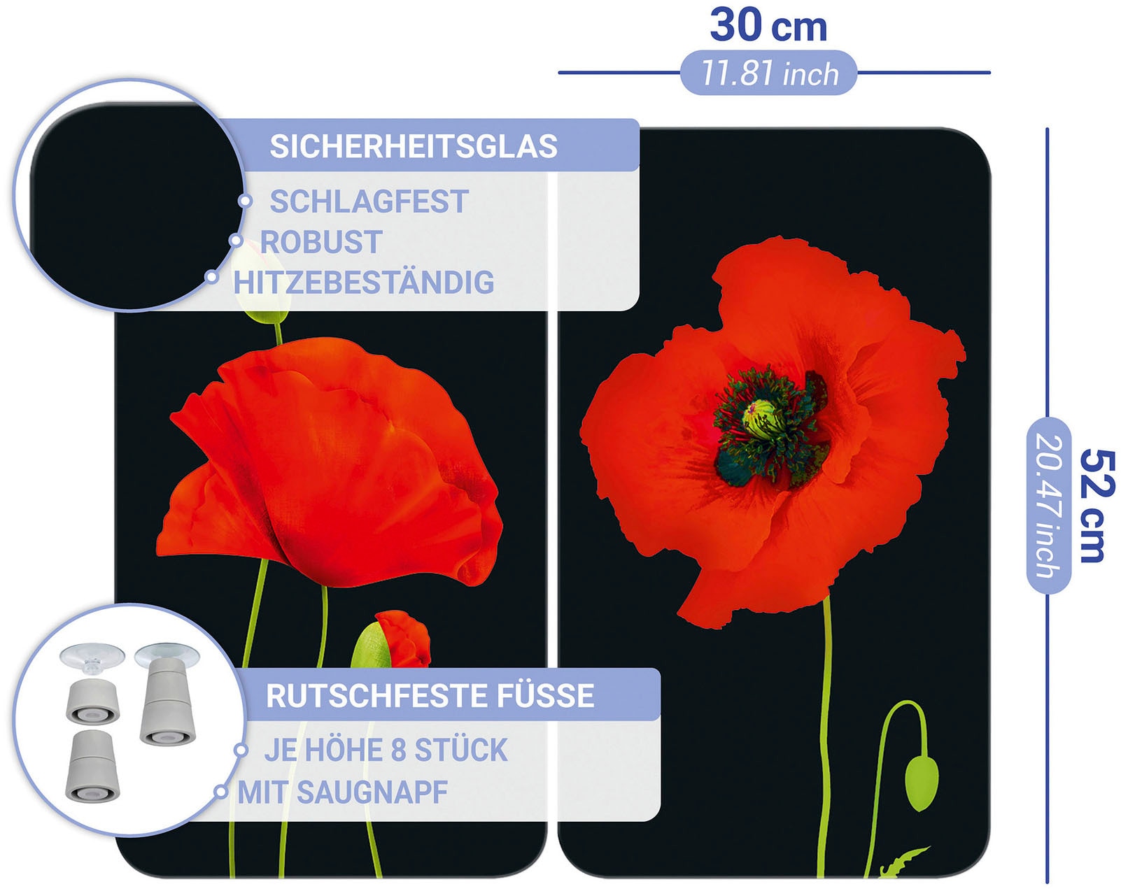WENKO Herd-Abdeckplatte »Universal Modell Mohn«, (Set, 2 tlg.), Herdabdeckung für alle Herdarten, kratzfest, mit rutschfesten Füßen