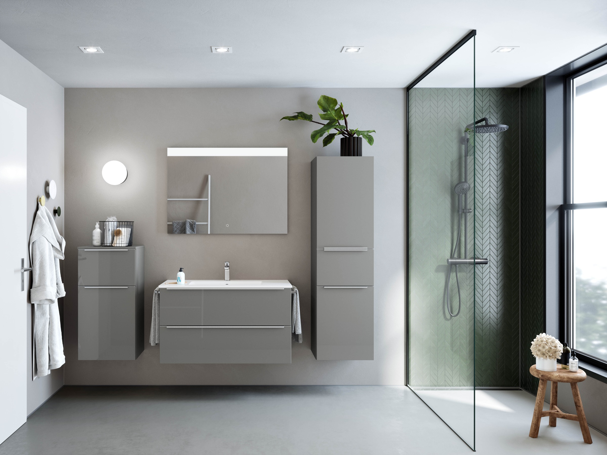 nobilia® Badmöbel-Set »Levere«, (4 St., vormontiert, mit Soft-Close), Hochglanz, inkl. Spiegel mit Touch-Sensor, in vier Breiten