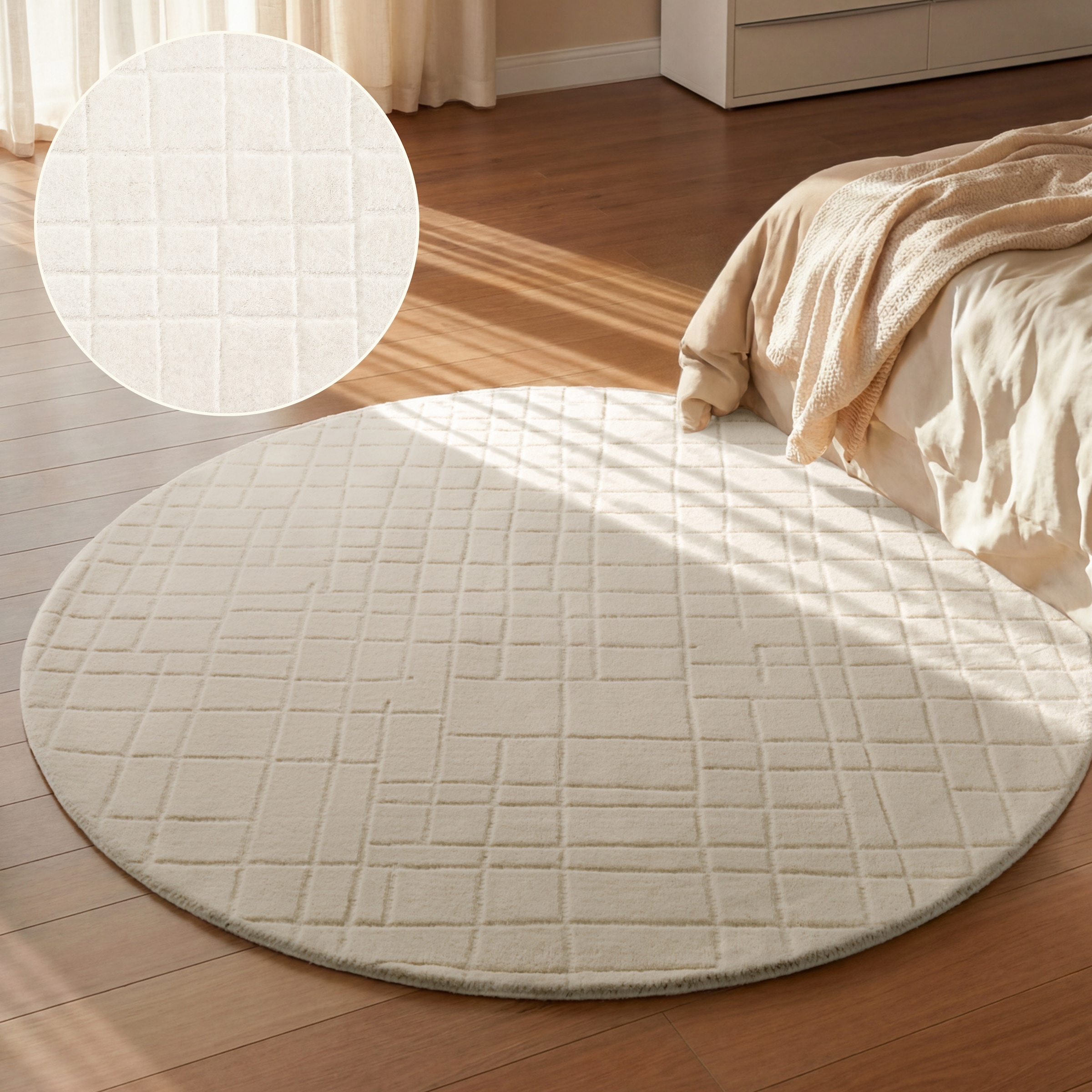 "Wollteppich VILLEROY & BOCH ""Kenso"", weiß (creme), H:15mm Ø:160cm, Wolle, Teppiche, Wolle, Kariert, Natur, Handgemacht, Wohnzimmer, Schlafzimmer