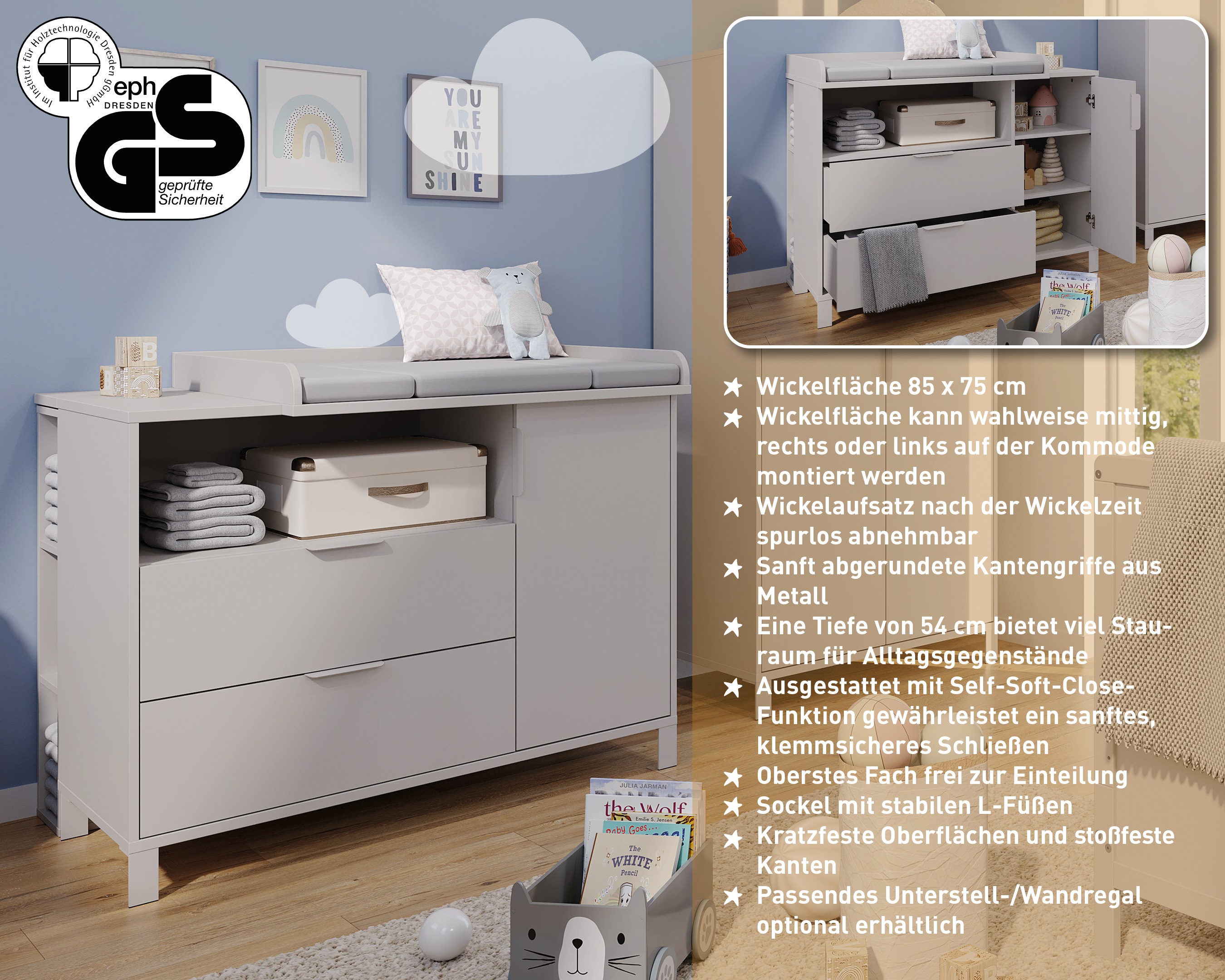 Thumbnail - GERMANIA Wickelkommode "GW-Alkmaar" bis 59 kg Wickelaufsatz wieder spurlos abnehmbar 115 cm