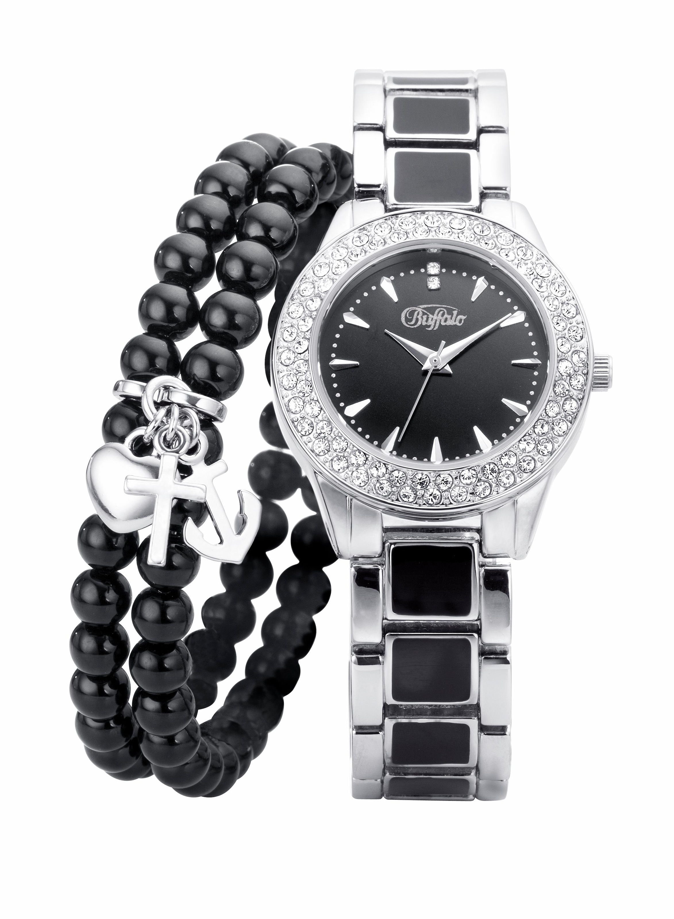 Quarzuhr, (Set, 2 tlg., mit 2-reihigem Armband), Armbanduhr, Damenuhr, ideal auch als...