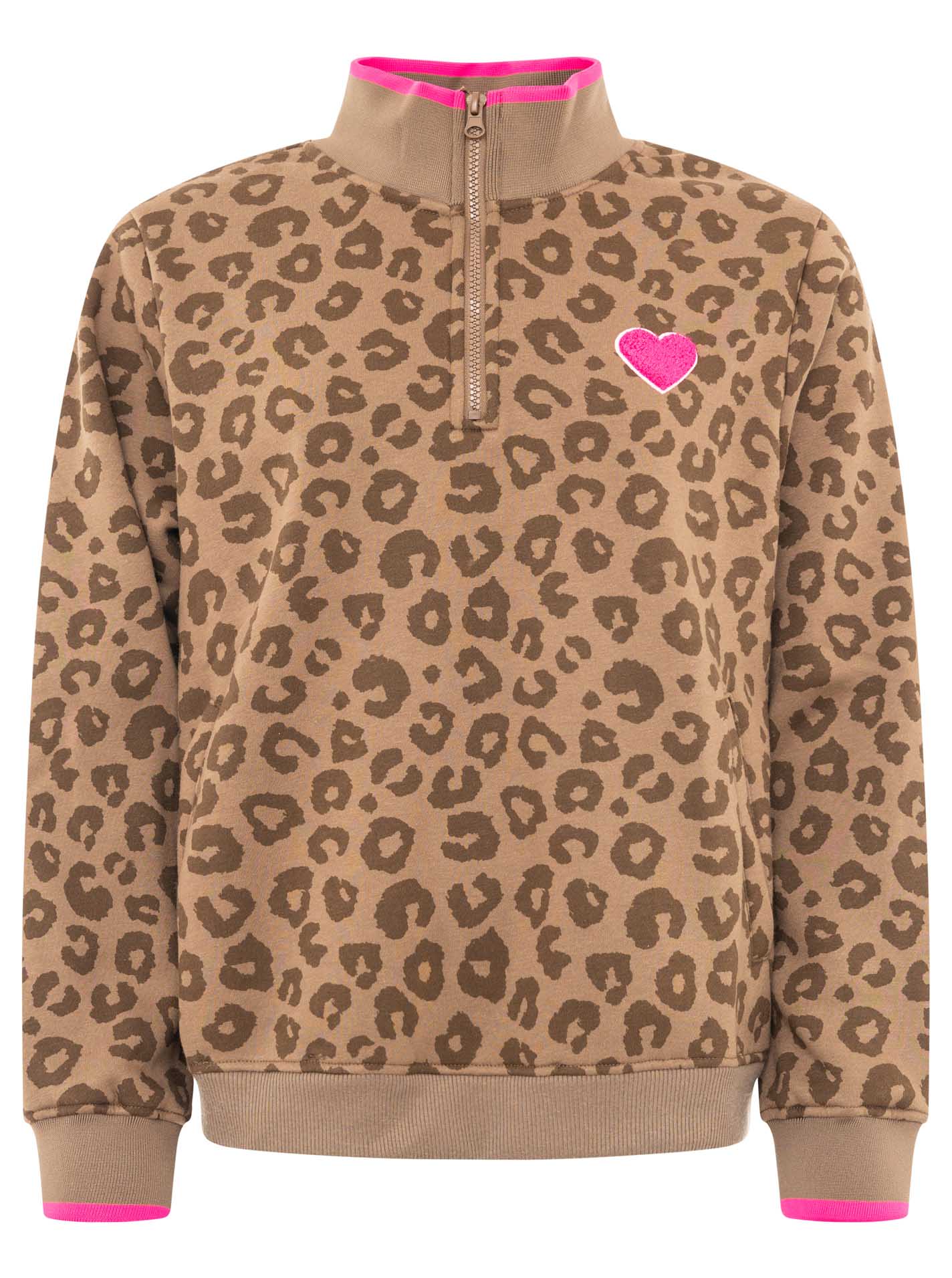 Zwillingsherz Troyer ""Leo Love"" Stehkragen mit Zipper, Leo-Allover-Muster, pinke Kanten & Herzpatch