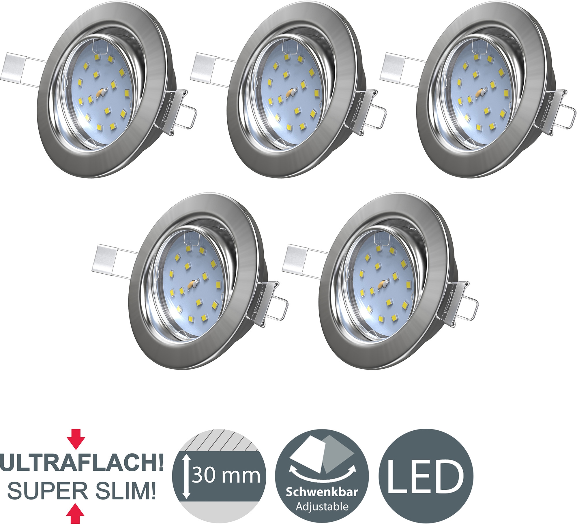 B.K.Licht LED Einbauleuchte, 5er Set, LED fest integriert, Kopf schwenkbar