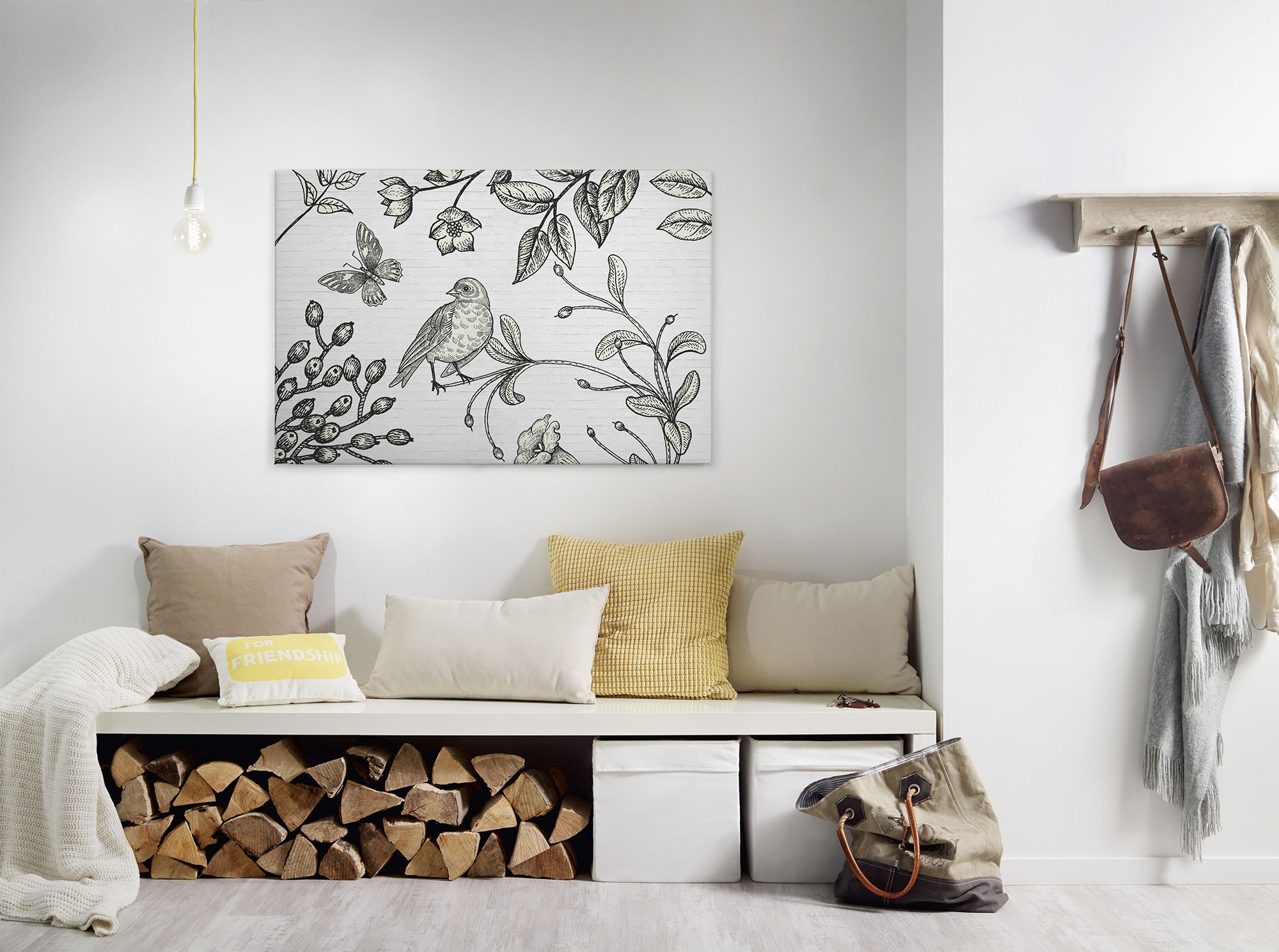 A.S. Création Leinwandbild "birdy" Gemälde Kunst 1 Stk. tlg. Schwarz-Weiß Zeichnung Floral Keilrahmen Leinwand-Bild Wohnzimmer Wand