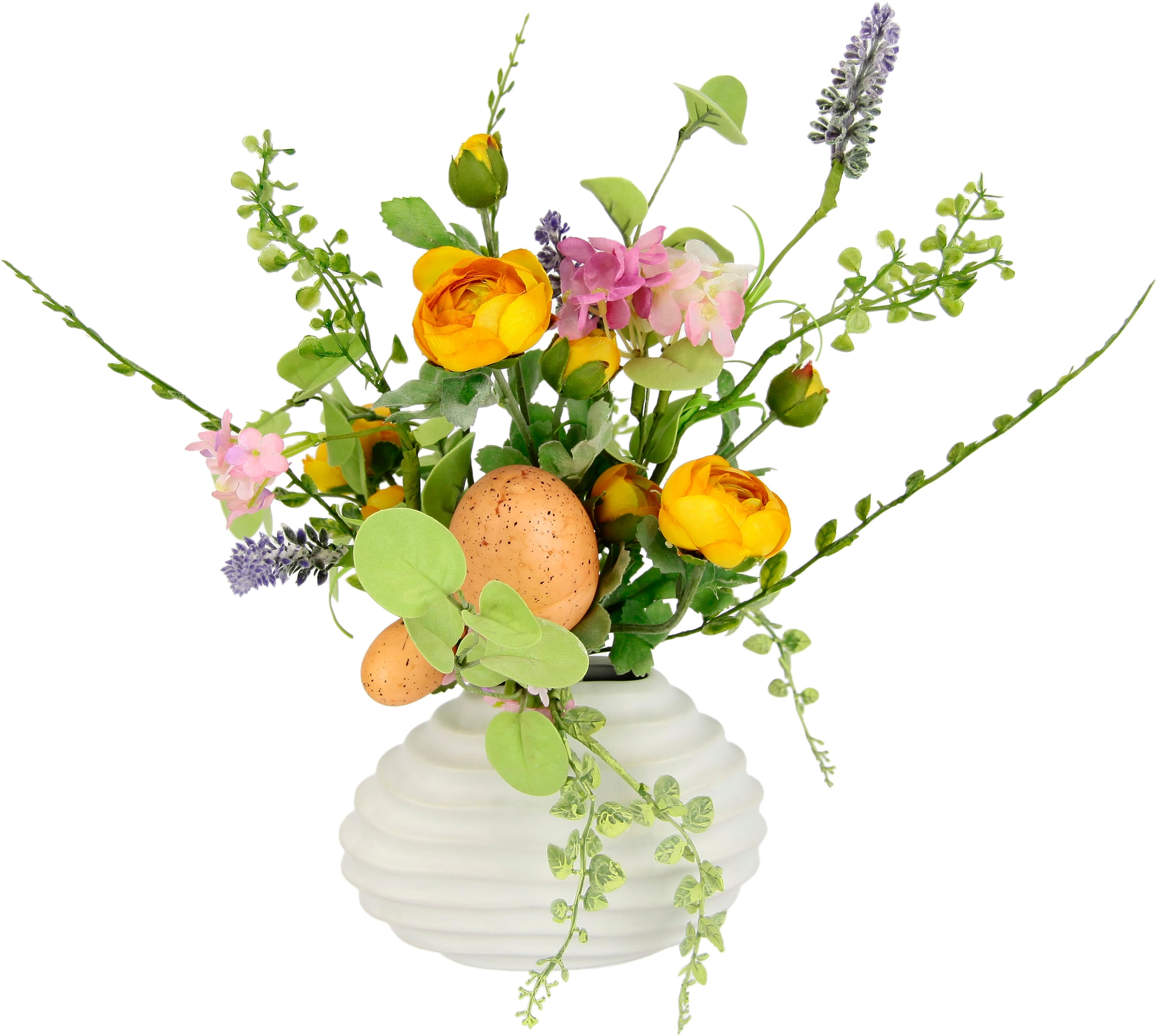 Kunstblume »Frühlingsstrauß«, In Vase aus Keramik Blumenstrauß Lavendel und Eier