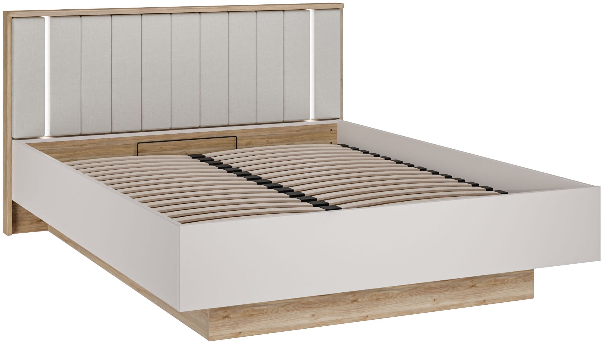 FORTE Bettgestell "Forte Seravel Bettanlage 140 o.160, Lamellenoptik, warme Holznuancen" inklusive Beleuchtung, aufklappbarer Lattenrost, Stauraum