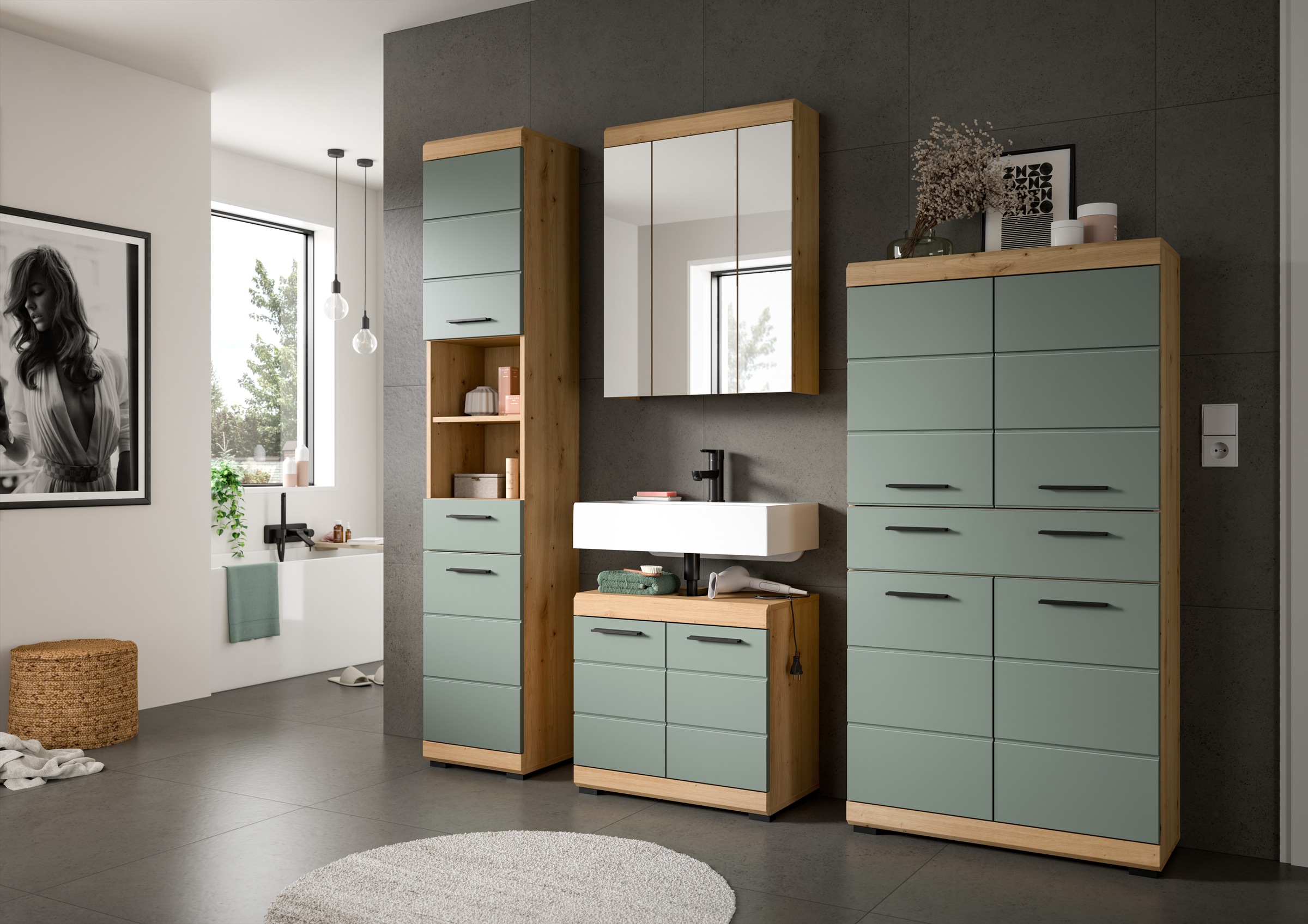 INOSIGN Badmöbel-Set »Siena, 4 teilig, bestehend aus:«, (Set), Hochschrank, Waschbeckenunterschrank, Spiegelschrank, Midischrank