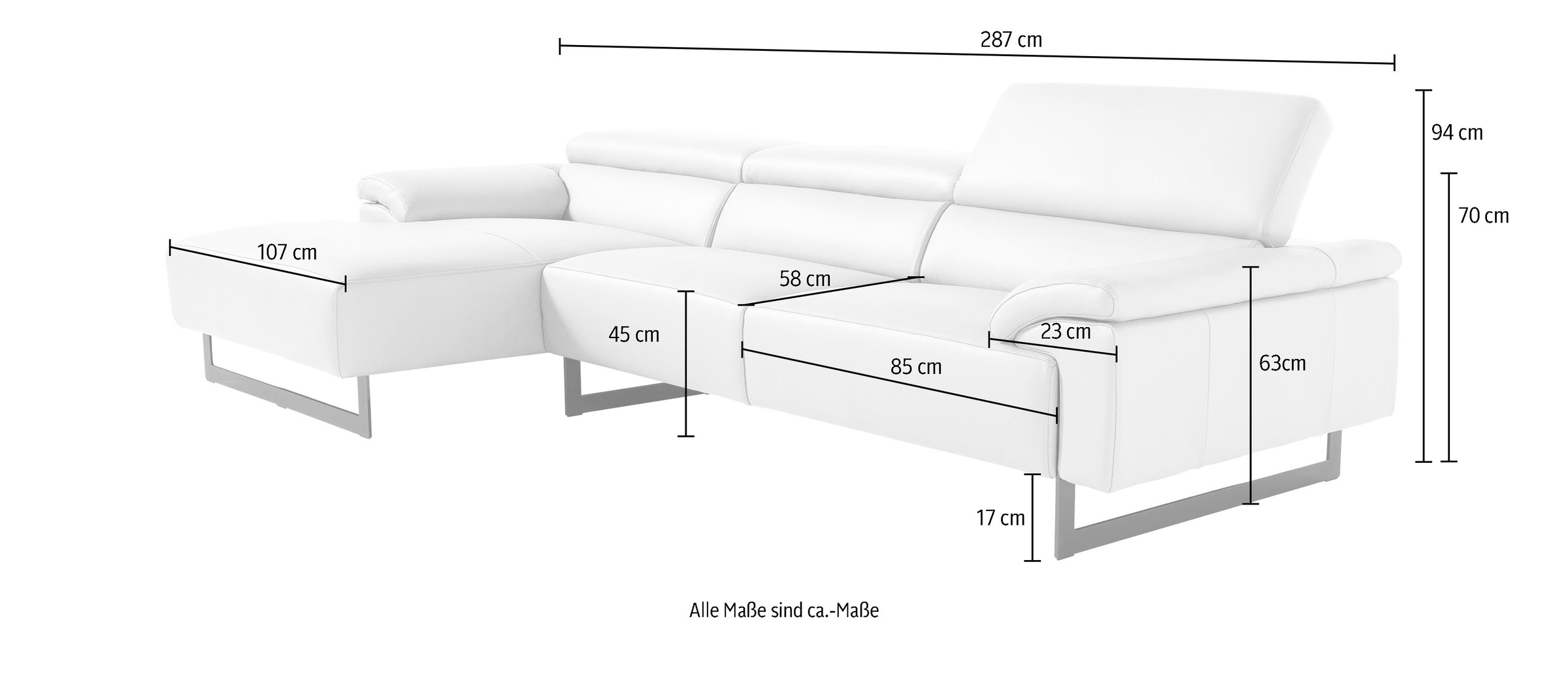 Egoitaliano Ecksofa »Malika, L-Form«, mit Recamiere, inkl. Kopfteilverstellung und chromfarbenen Metallfüßen