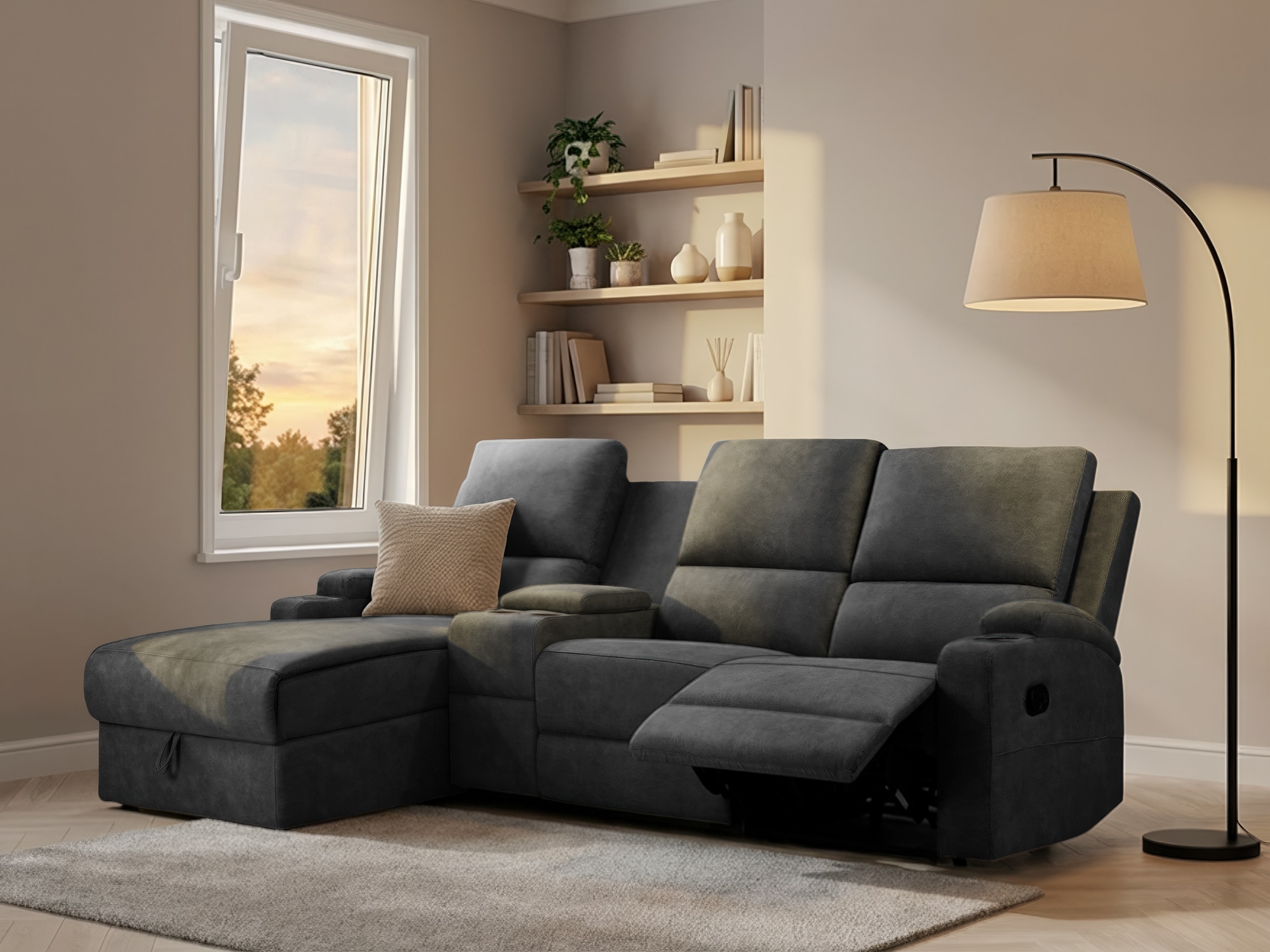 OTTO home Ecksofa "NAPORI Microfaser, Multimediasofa, 3er Kinosessel XXL, L-Form" Kinosofa, manuelle o. elektr. Relaxfunktion, Staufach, Getränkehalter