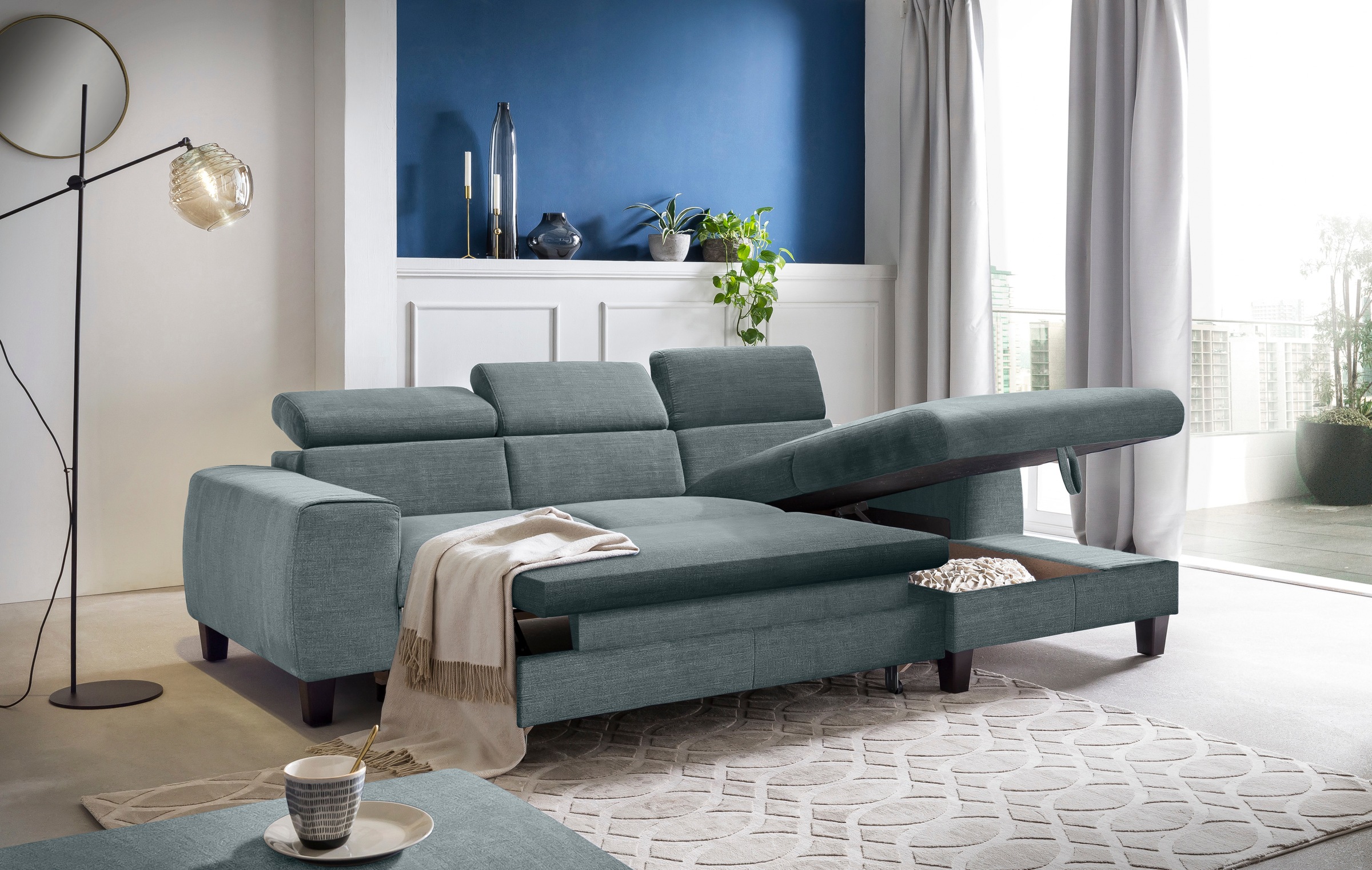 COTTA Ecksofa »Morven L-Form mit Kopfteilverstellung«, wahlweise mit Bettfunktion, Bettkasten & Wireless-Charger