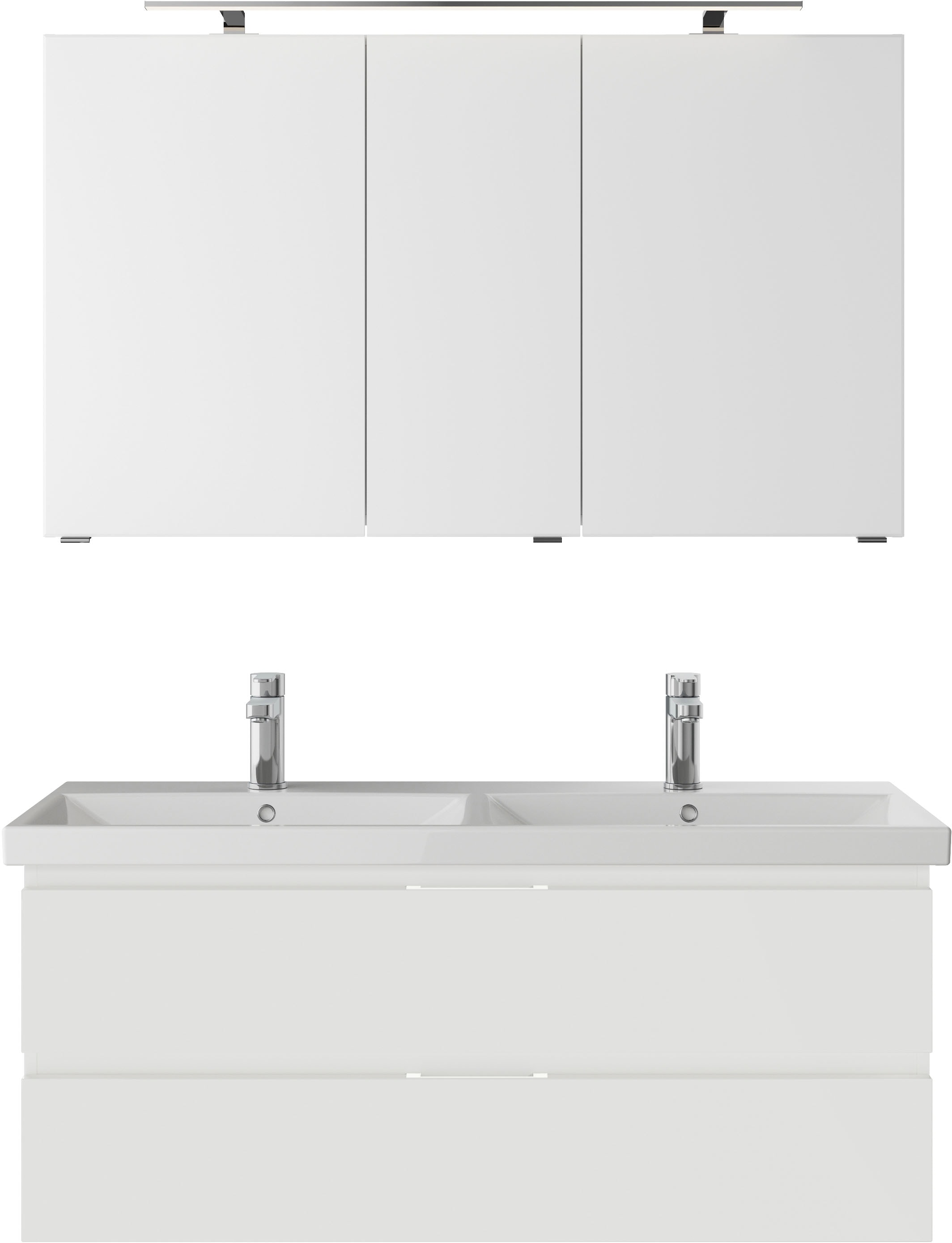 Saphir Badmöbel-Set »Serie 4035 2-teilig, Keramik-Doppelwaschtisch mit LED-Spiegelschrank«, (Set), Doppel-Waschplatz inkl Türdämpfer, 120 cm breit, 2 Schubladen, 3 Türen