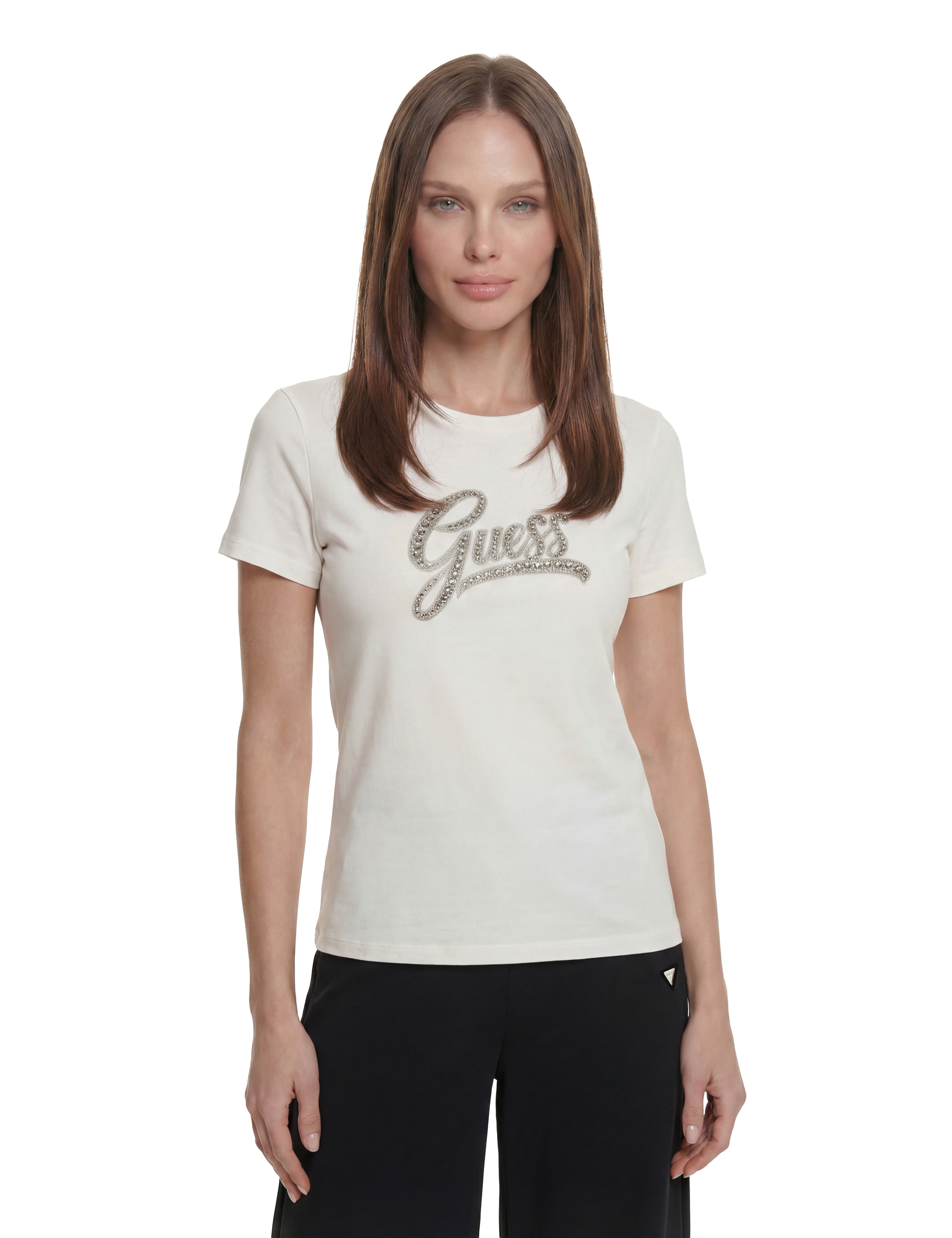 Guess T-Shirt "CN 3D EMBROIDERY SCRIPT LOGO" mit Schmucksteinen, bestickt